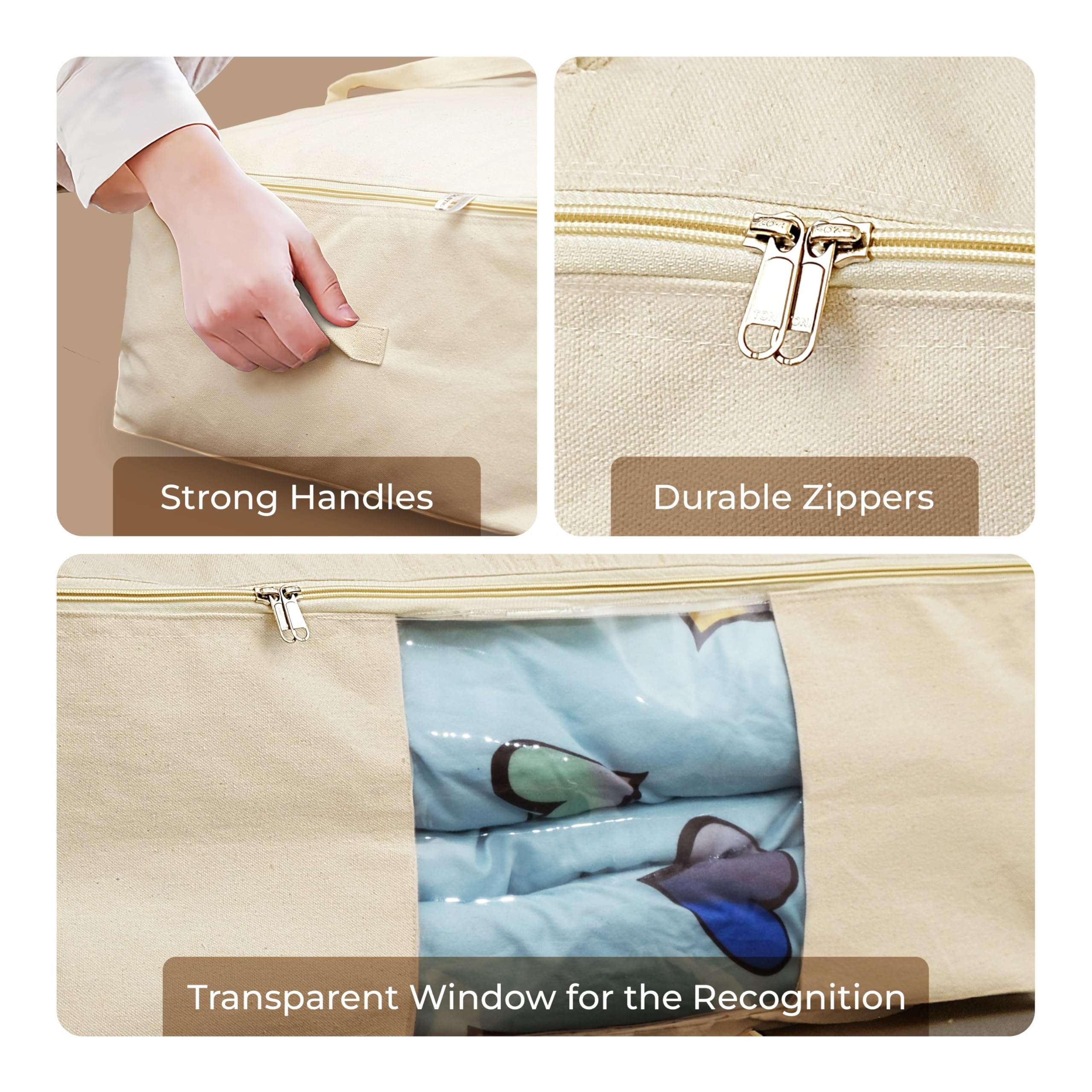 SOLSTICE Extra Large Cotton Canvas Storage Bag 25x19x9 inch with Zipper, 4 Handles & Window for Sarees, Pillows, Blankets & Seasonal Clothes as Wardrobe Organizer and Under Bed Storage | Pack of 2 5