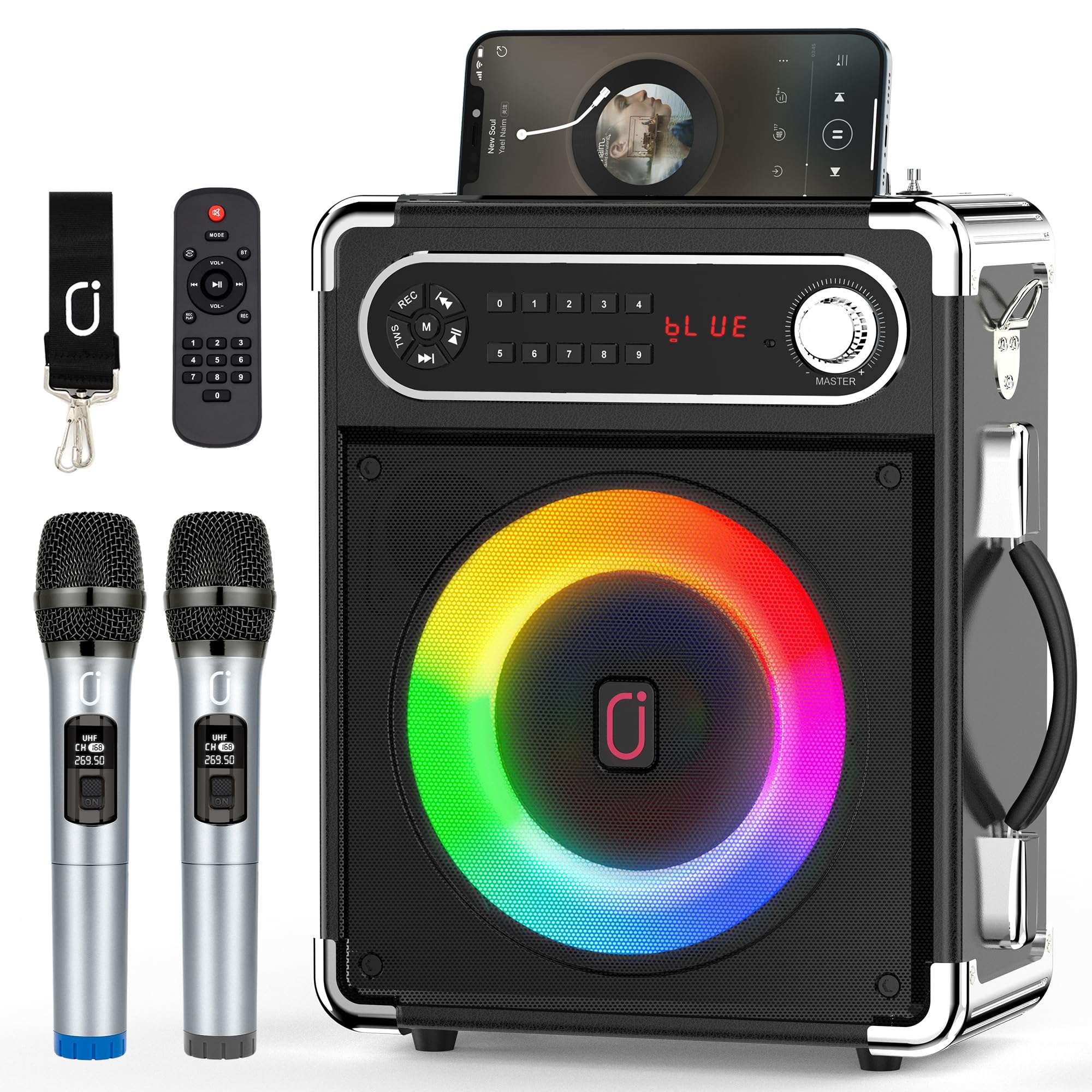 【US Top 1】 JYX Karaoke Speaker with Two Wireless Microphones System, Portable Party Speakers with Mic Bass/Treble, Sound Box with Remote Control, LED Lights,Supports TF Card/USB, AUX in, FM, REC,TWS 1