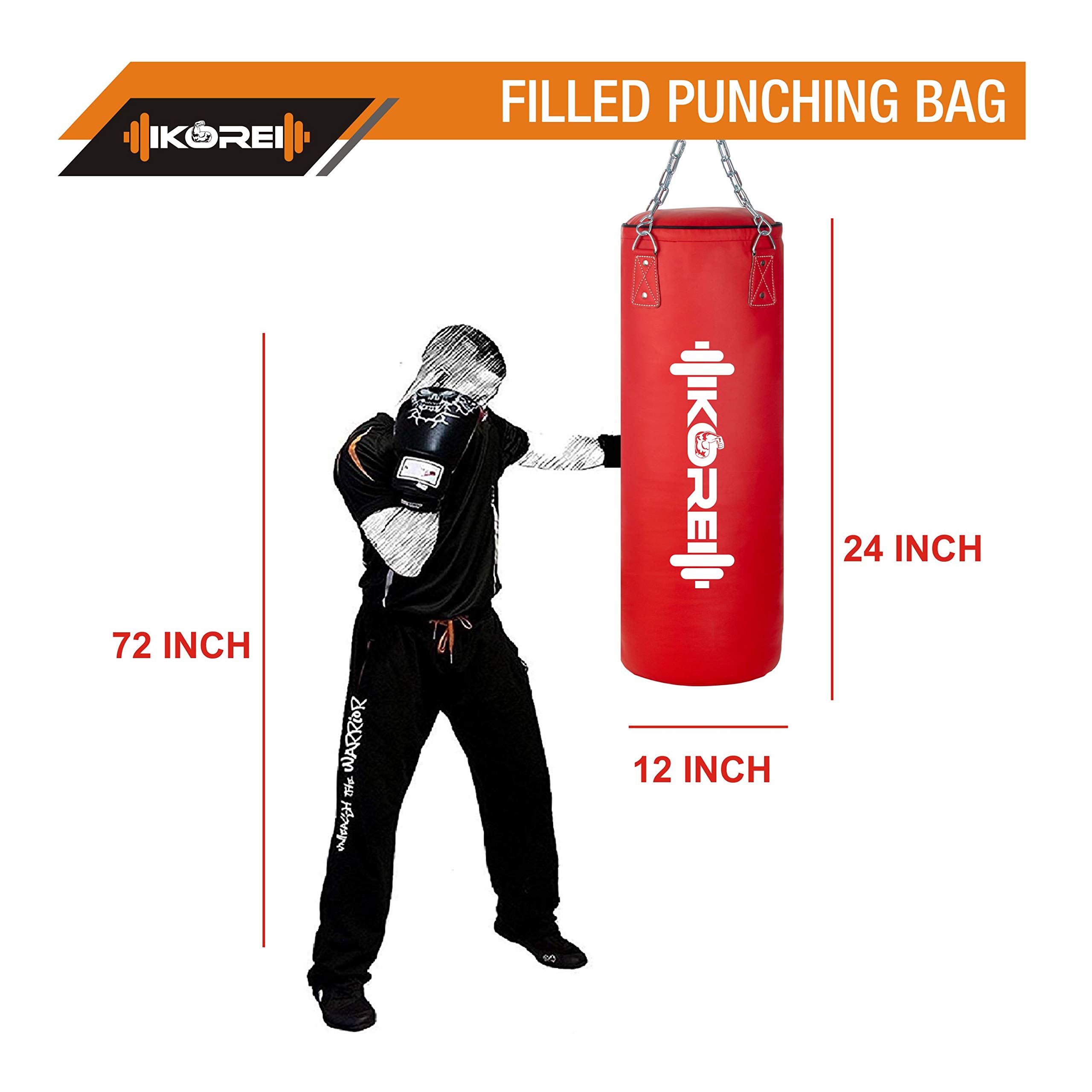 KORE Ultimate 4 Feet Filled Heavy Red Punching Bag PU Leather Boxing MMA Sparring Punching Training Kickboxing Muay Thai with Rust Proof Stainless Steel Hanging Chain 5