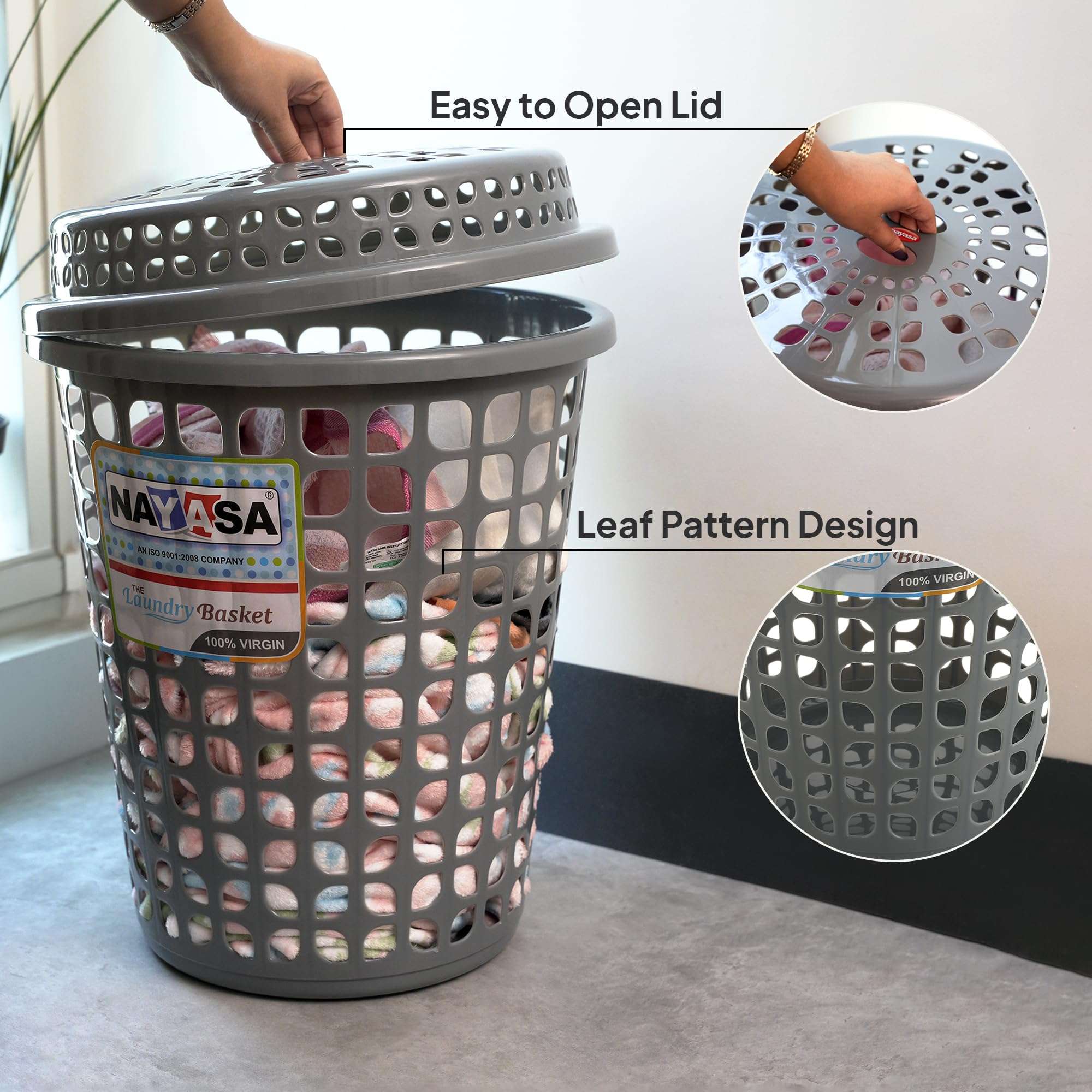 Nayasa Round Petal Laundry Basket with Lid | 44 Ltrs | Plastic Basket for Clothes, Toys & Household Utility | Stylish & Durable Organizer for Bedroom, Bathroom & Living Room | Grey 6