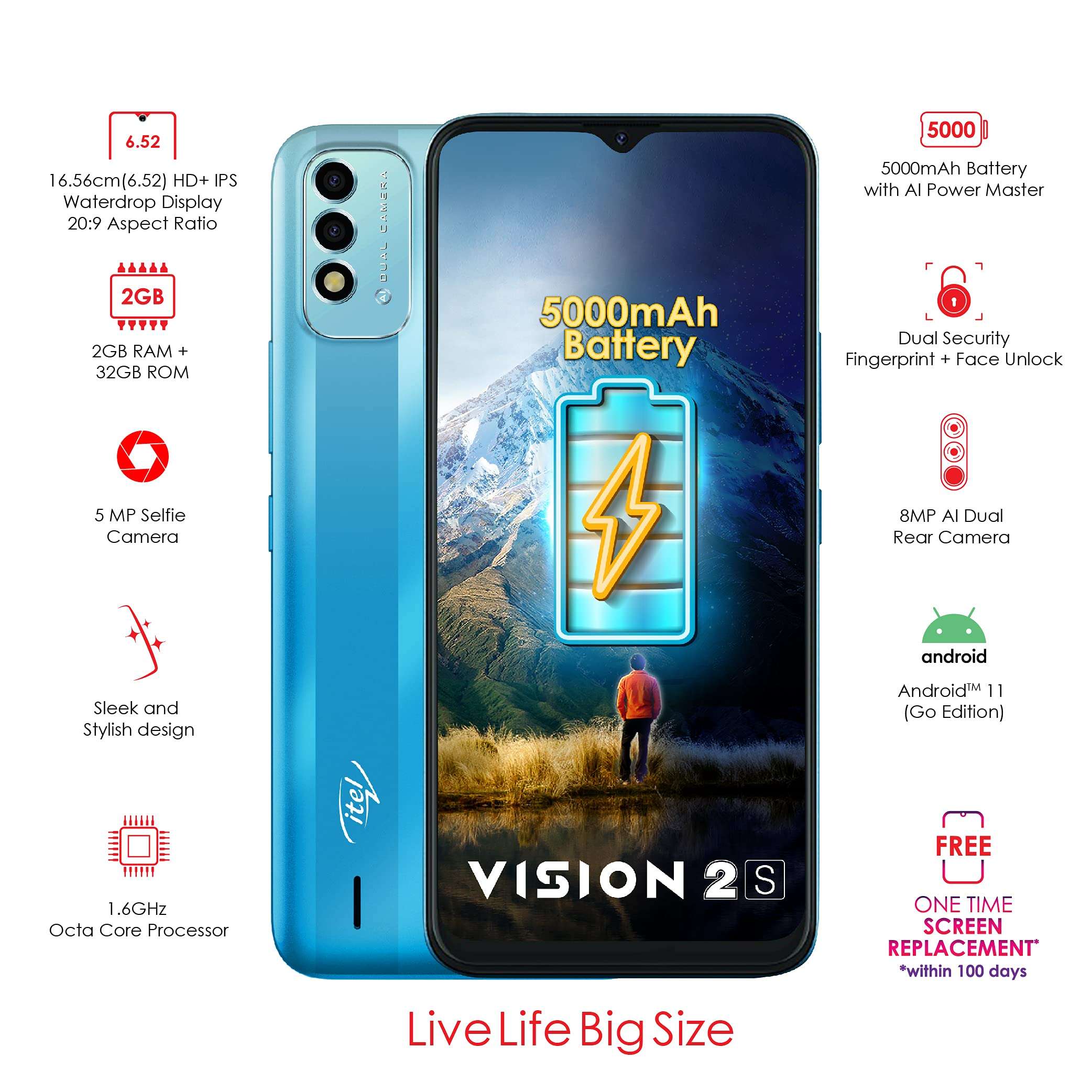 itel Vision2S (Deep Blue, 6.52'' HD+, 5000mAh Battery, 2GB RAM 32GB ROM, 8MP AI Dual Camera) (P651L) 2
