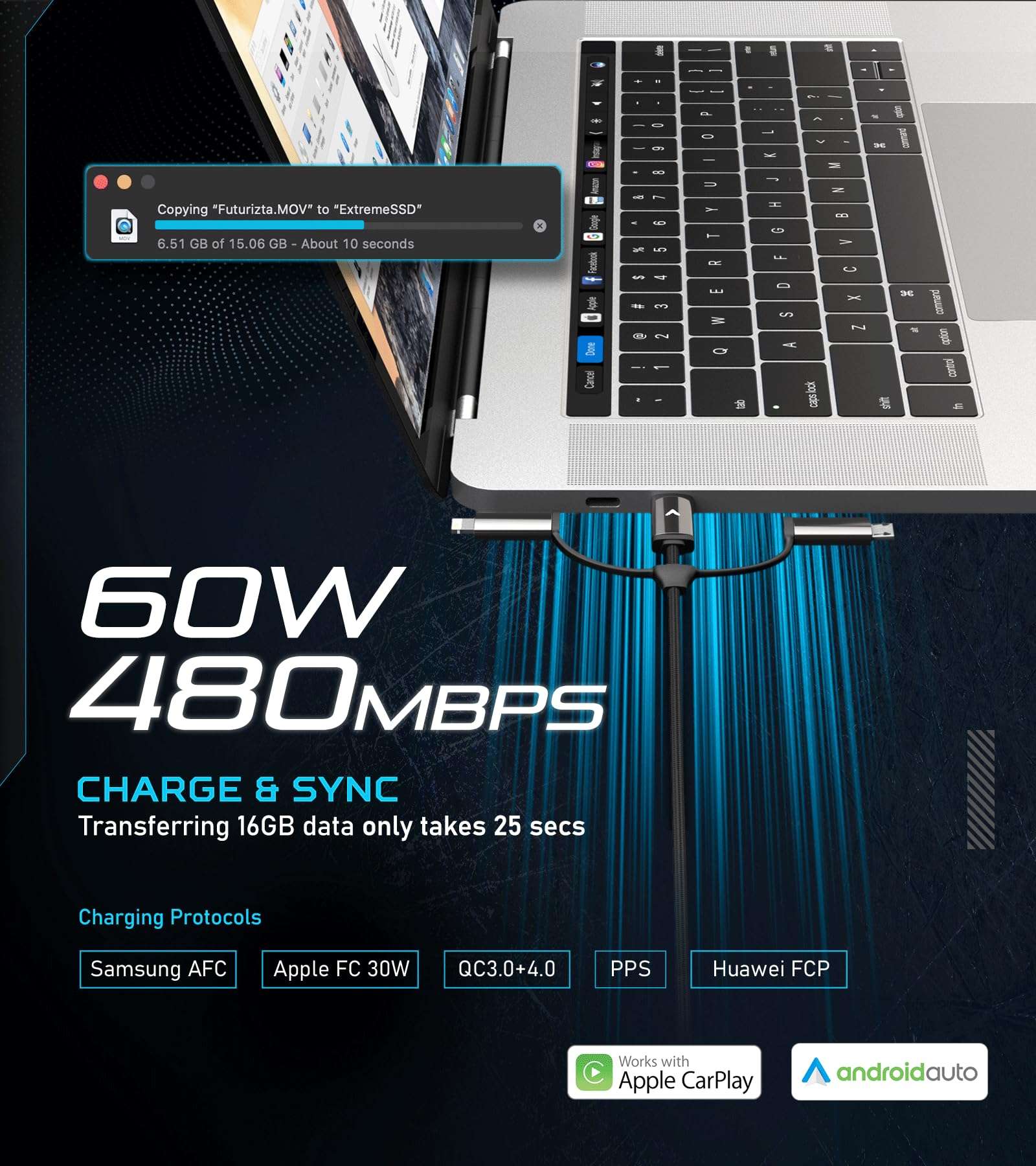 Futurizta Tech [Upgraded] Zeus-X 6 in 1 Universal Multi Cable (1.6ft/0.5m) Fast Charging 60W Laptop PD, QC3.0 & 27W iPhone Fast Charging & Data Sync, Military Grade Braided with Cable Organizer Strap 5