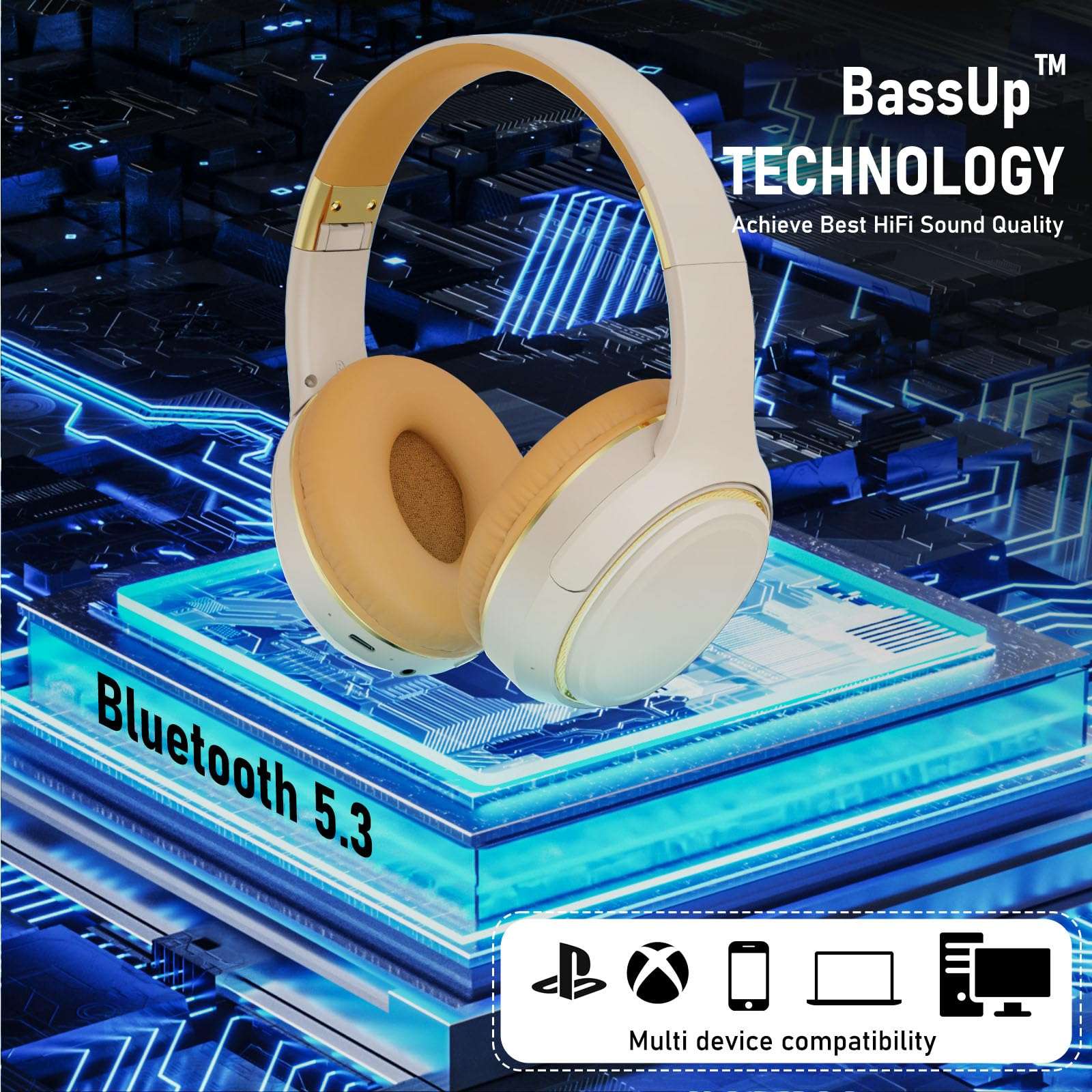 OOYY Foldable Over-Ear Headphones with Hidden Mic for Cell Phone, Wireless Bluetooth Headphones with RGB LED Lighting (Khaki) 6