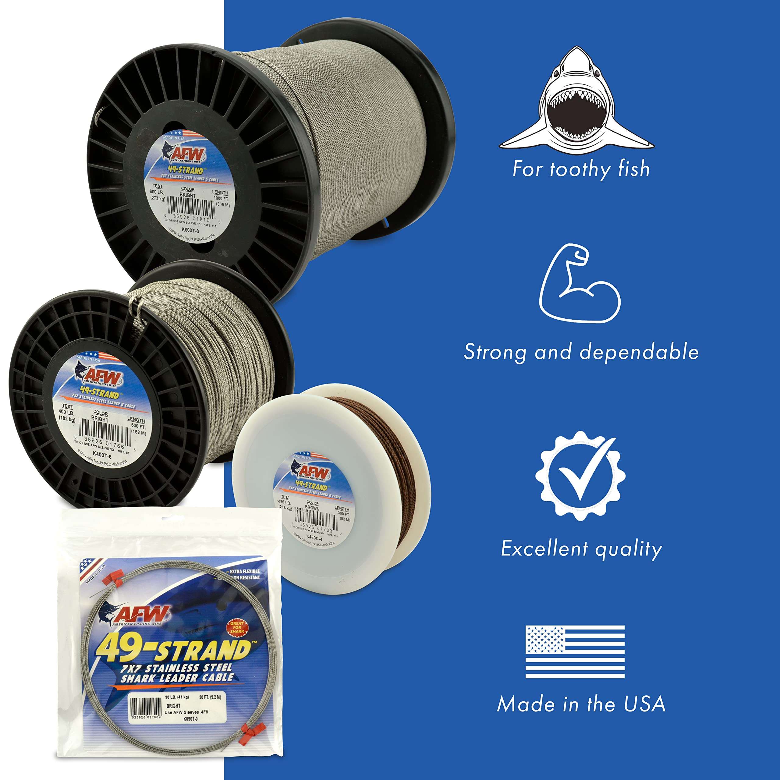 American Fishing Wire 49 Strand, 7x7 Stainless Steel Shark Leader Cable, 480 lb / 218 kg Test, .062 in / 1.57 mm Dia, Camo, 300 ft / 91.5 m 4