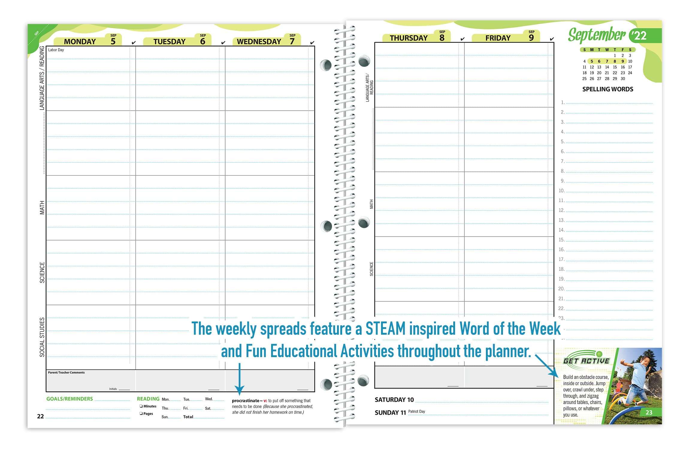 Dated Elementary Student Planner for 2022-23 Academic Year, School Mate Brand, 8.5"x11" Weekly Matrix Format 5