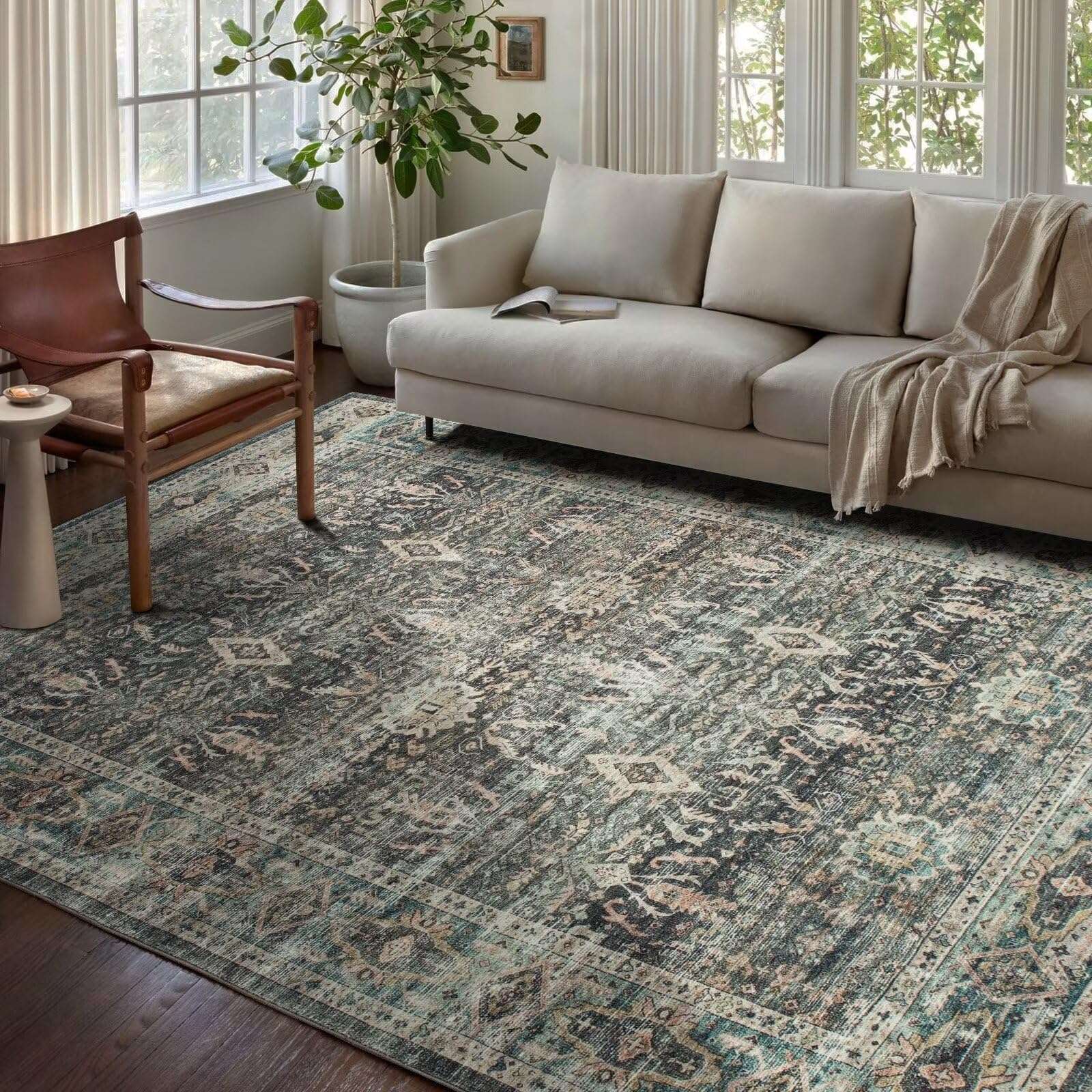 nusoarug 4x6 Boho Area Rug Machine Washable, 4' x 6' Green Soft Non-Slip Area Rugs with Rubber Backing for Bedroom Kitchen Entryway Living Room Bathroom, Faded Green 2