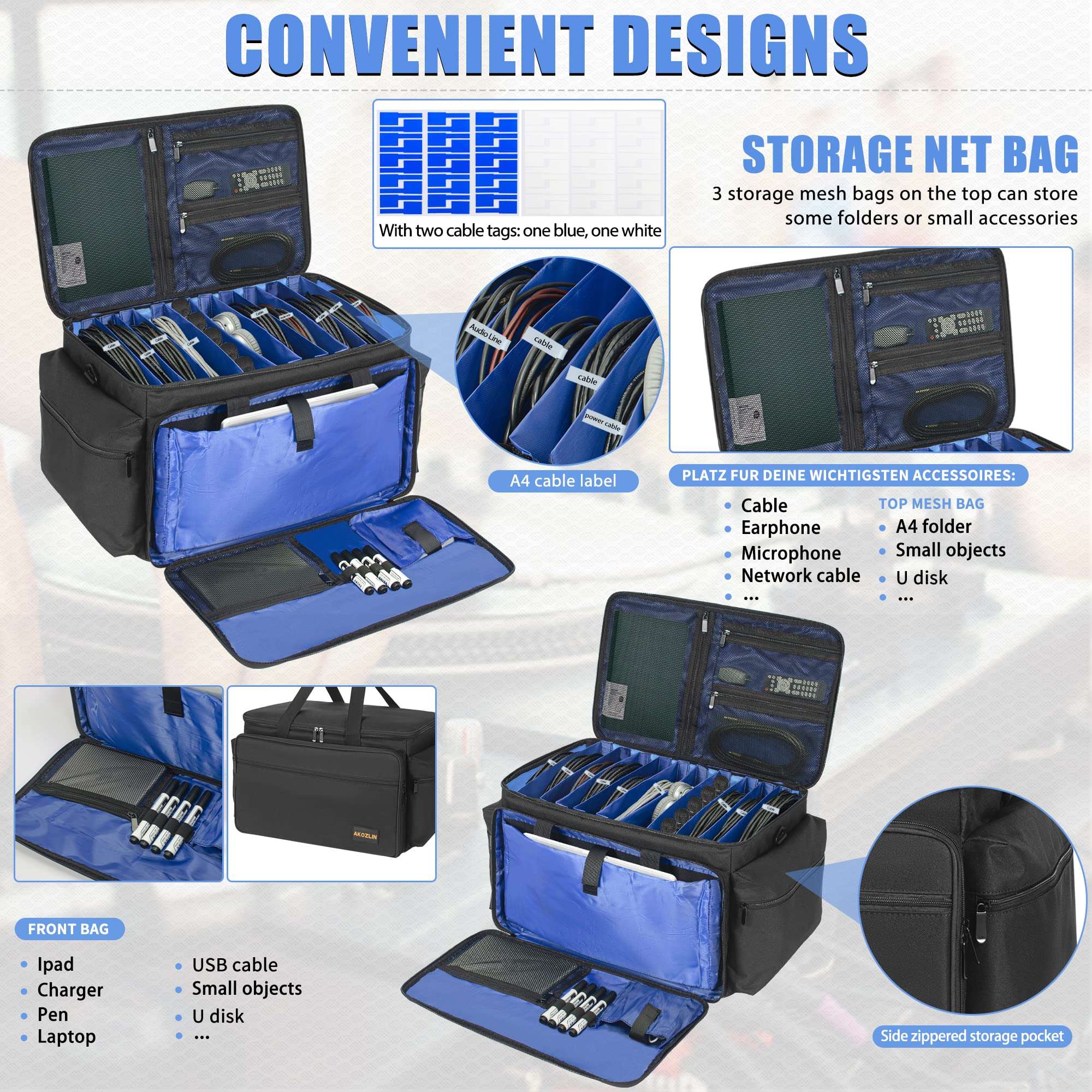 AKOZLIN Cable File Bag with Detachable Dividers, DJ Gig Bag Cord Organizer Case for Laptop,DJ Gear, Sound Instrument and Music Equipment Accessories Large 5