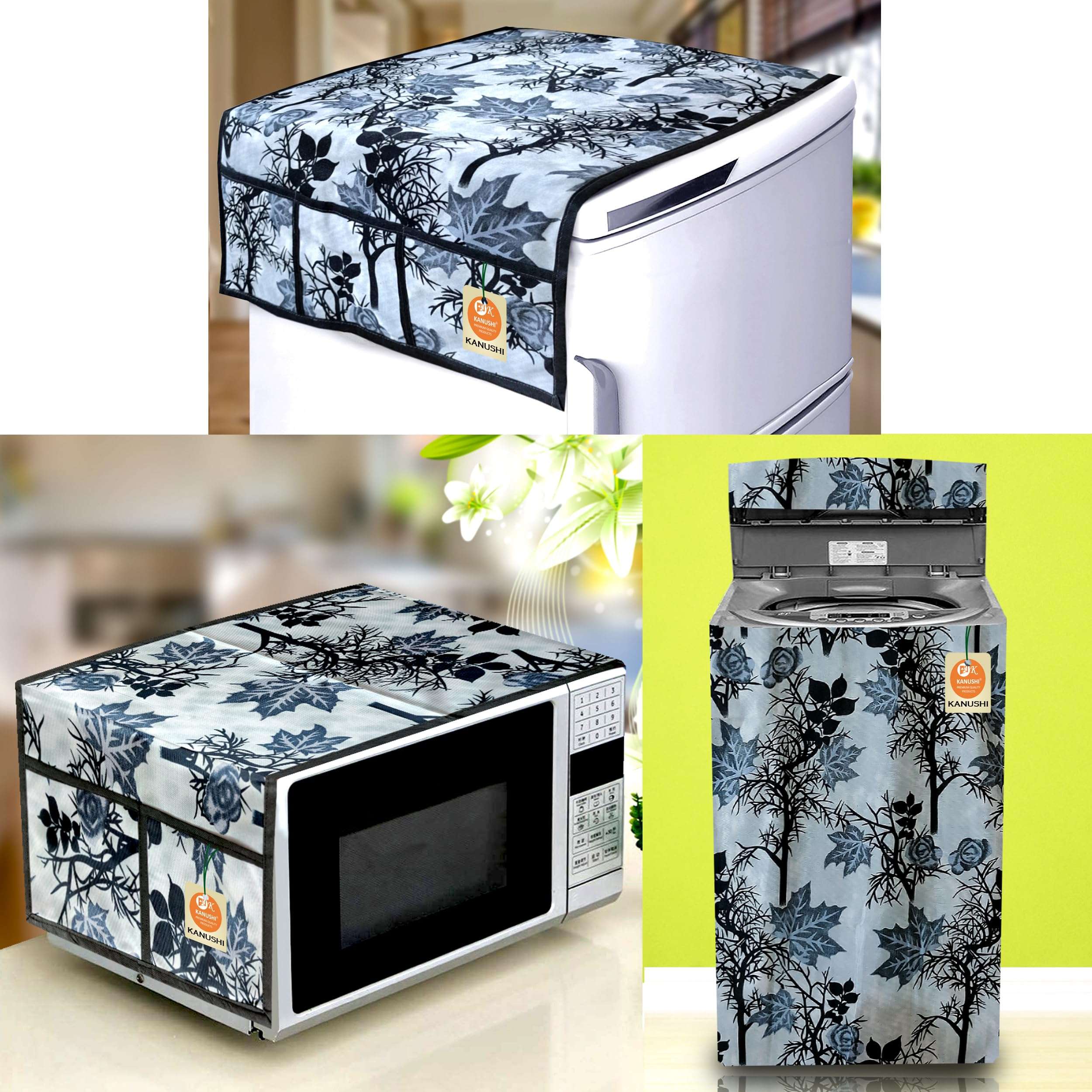 KANUSHI Industries® Microwave/Oven Top Cover + 1 Pc Top Load Fully Automatic Washing Machine Cover + 1 Pc Fridge/Refrigerator Top Cover(MICRO+FRI+W.M-FULLY-BLACK-SHUB) 1