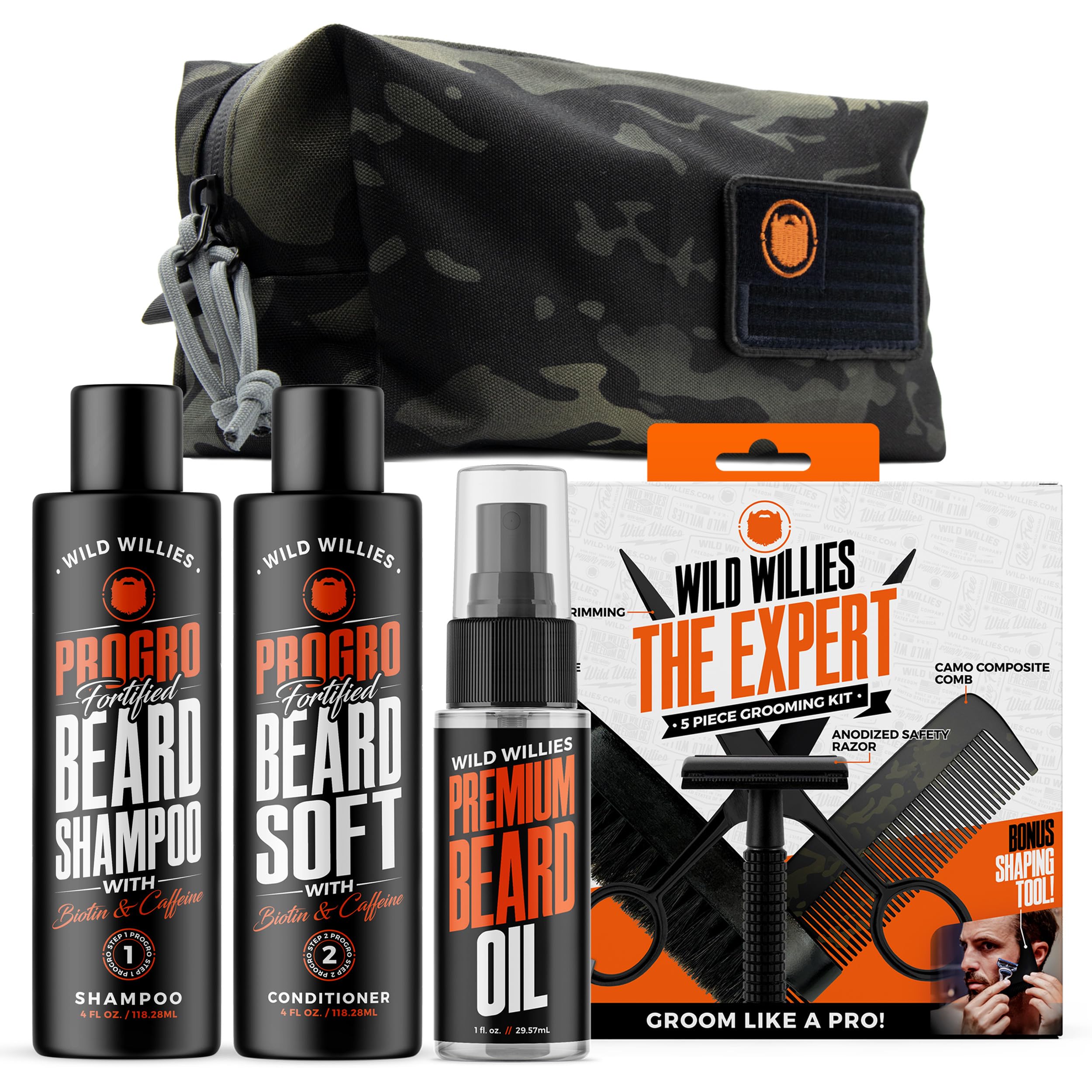 Wild Willies Complete Beard Grooming Kit for Men - Includes 5 Piece Grooming Kit, PROGRO Beard Shampoo Wash & Conditioner, & Premium Beard Oil for Daily Use, Hair Growth & Hydration