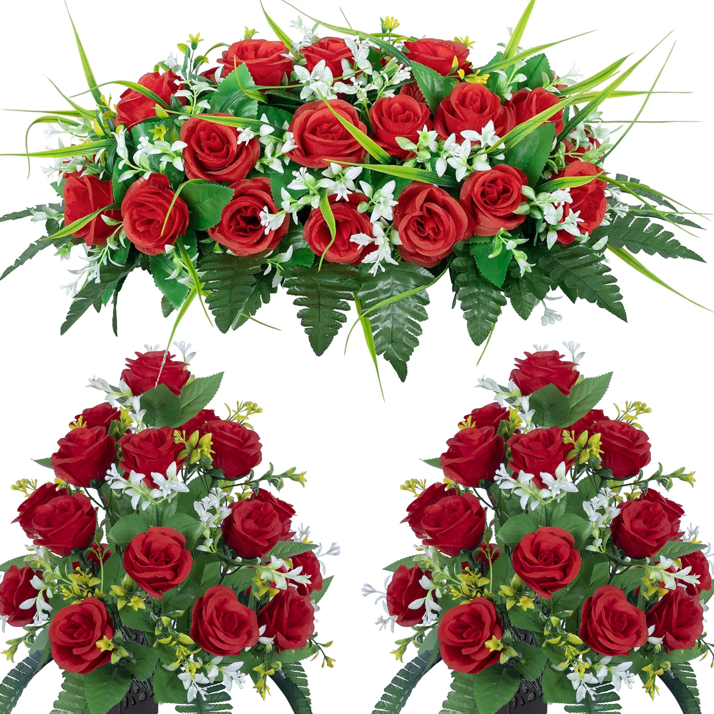 DONODA Cemetery Tombstone red Saddle and 2 Sets of Artificial Cemetery Flowers Suit 1