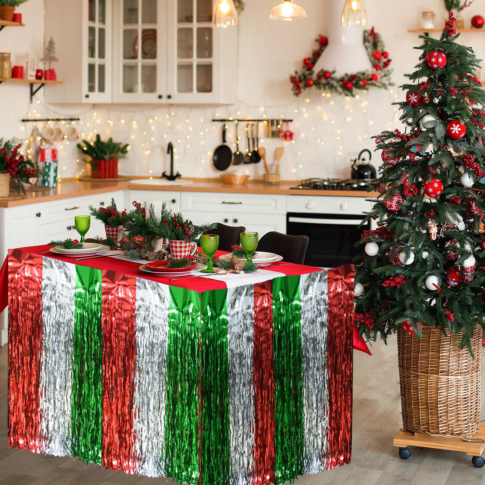 4PCS Christmas Table Skirt, Wavy Metallic Tinsel Foil Fringe Table Skirt Red White and Green Shiny Table Skirt Disposable Xmas Table Skirt Christmas Party Supplies Table Decorations 30 X 108 Inch 5