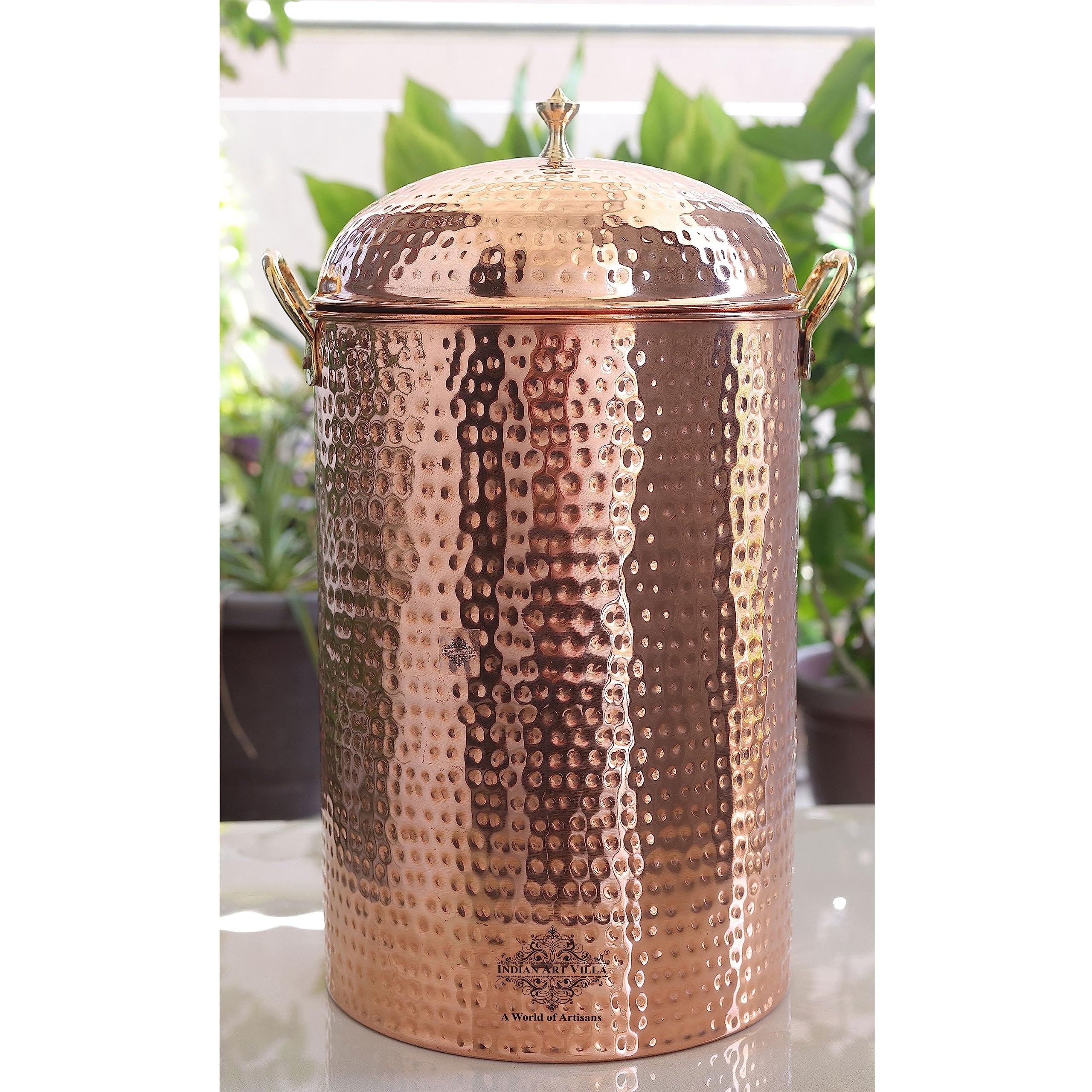 Indian Art Villa Copper Hammered 12000 ML Flat Storage Pot - Serving & Storage - Home, Hotel, Restaurant, Gift Item, Decorative 1