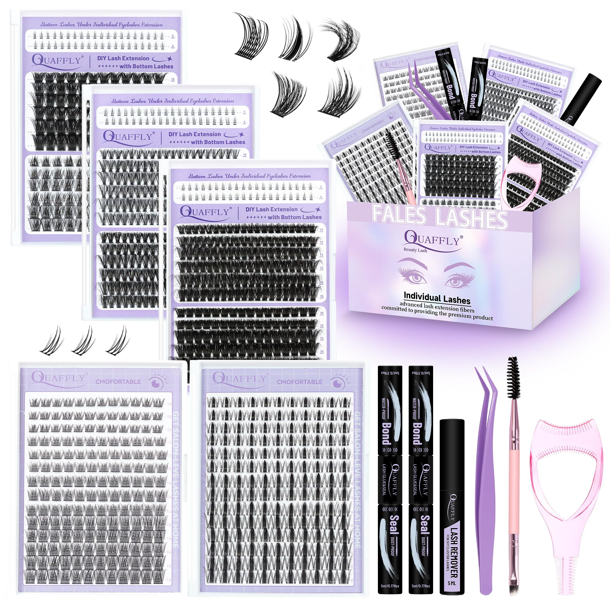QUAFFLY DIY Eyelash Extension Kit 1042pcs Mixed 5-18mm Eyelash Extension Kit with Bottom Lashes Multi-Type Lash Clusters with Bond and Seal*2 Remover Tweezer Brush and Mascara Shield DIY At Home