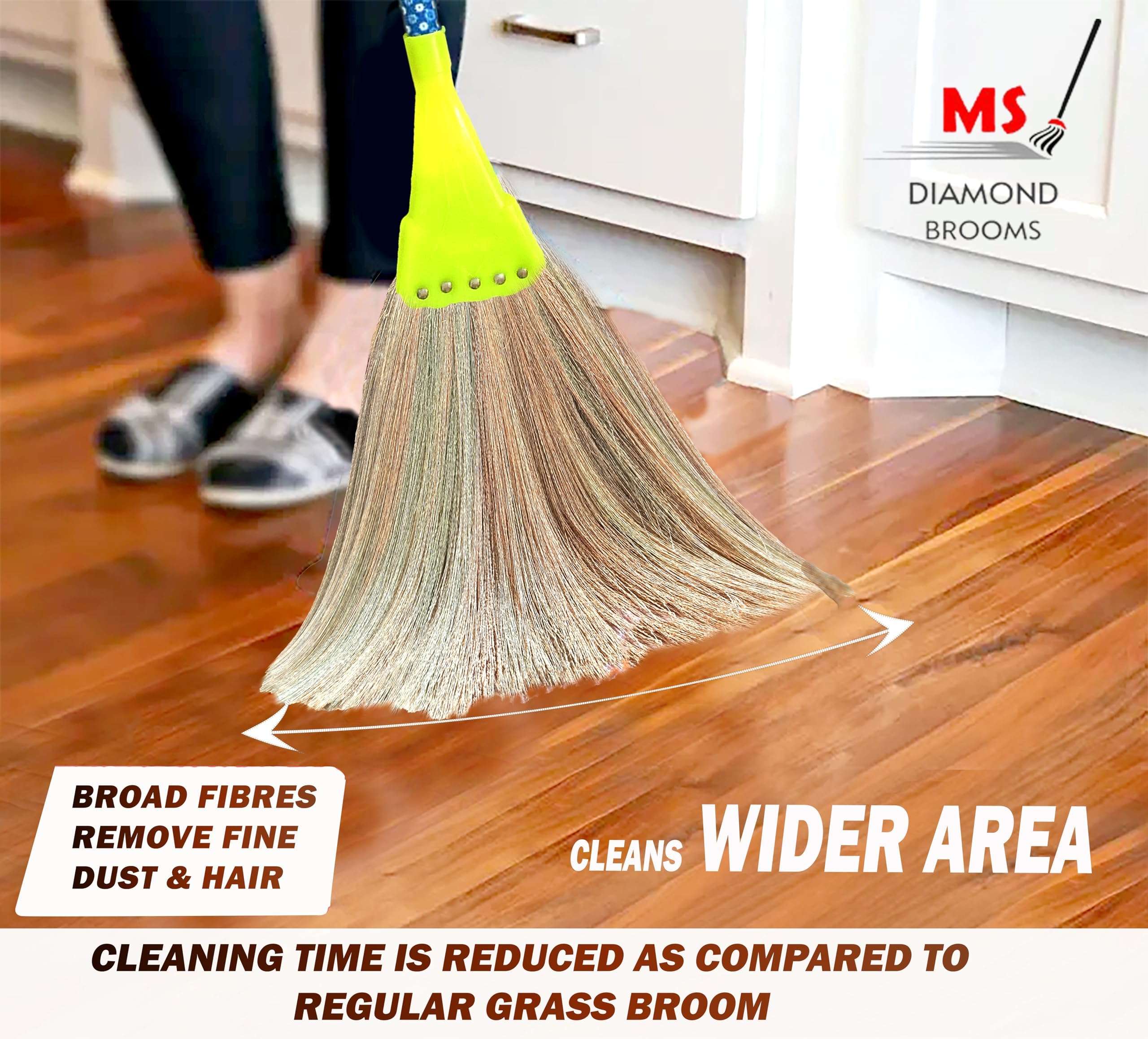 MSD Indonesia Less Dust Hard Floor Grass Broom, Wooden Longhandle Jhadu for Home Cleaning (1) 5
