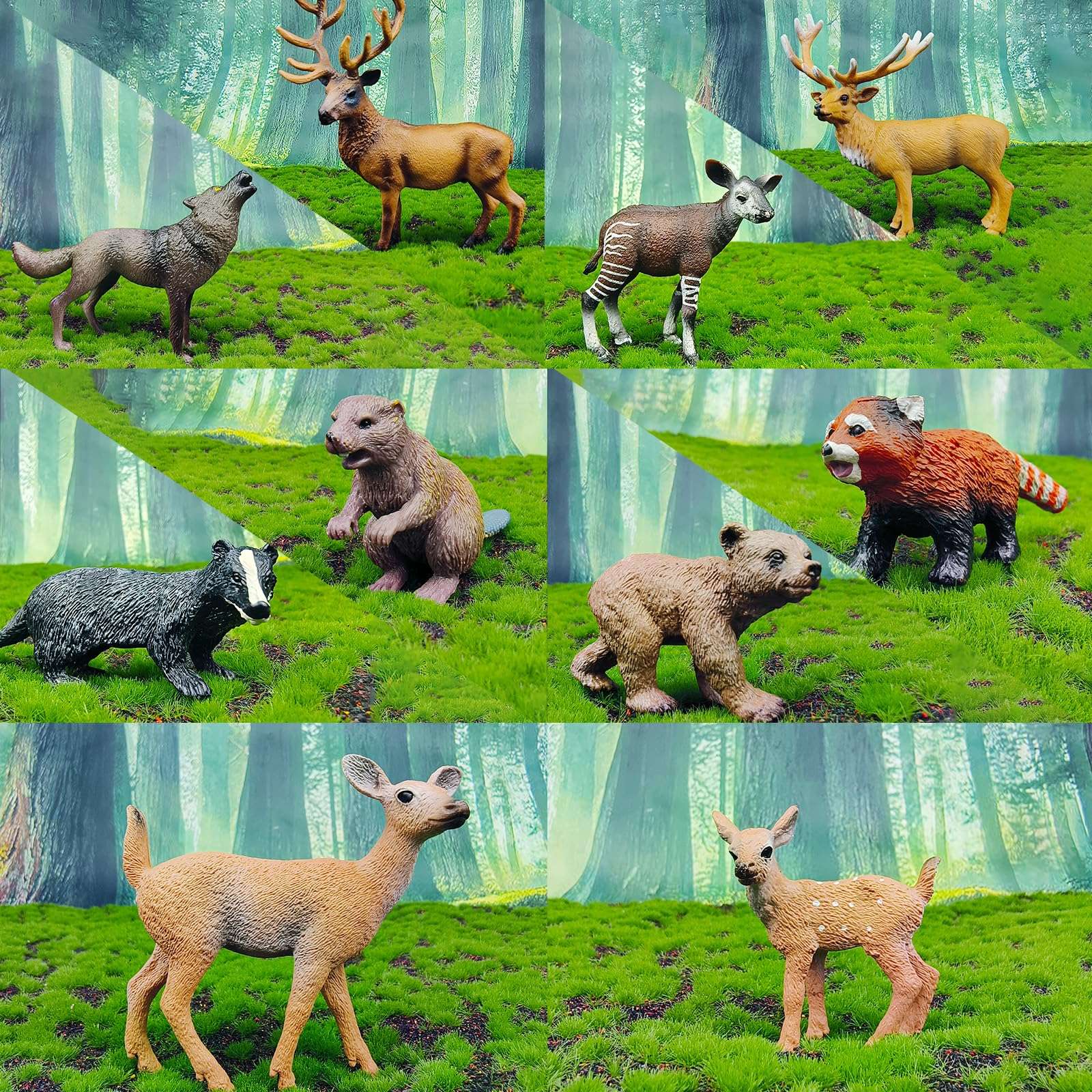 SCAHOW Forest Animal Toys Figures, 10PCS Plastic Woodland Animal Figurines for Cake Topper, Realistic Miniature Wild Creature Toys Set with Elk Deer Wolf Bear etc 4