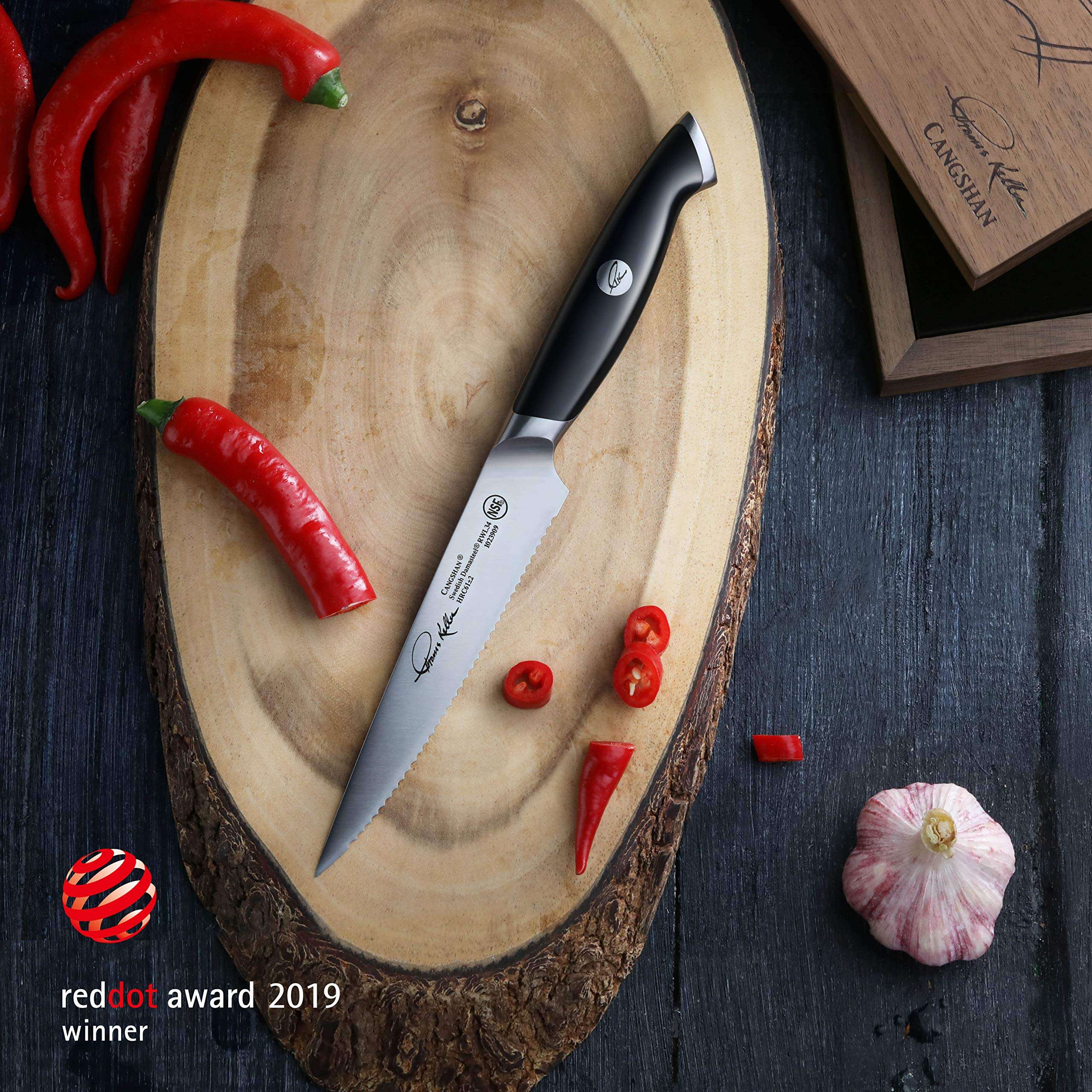 Cangshan Thomas Keller Signature Collection Swedish Powder Steel Forged, 5-Inch Serrated Utility Knife, Black 6