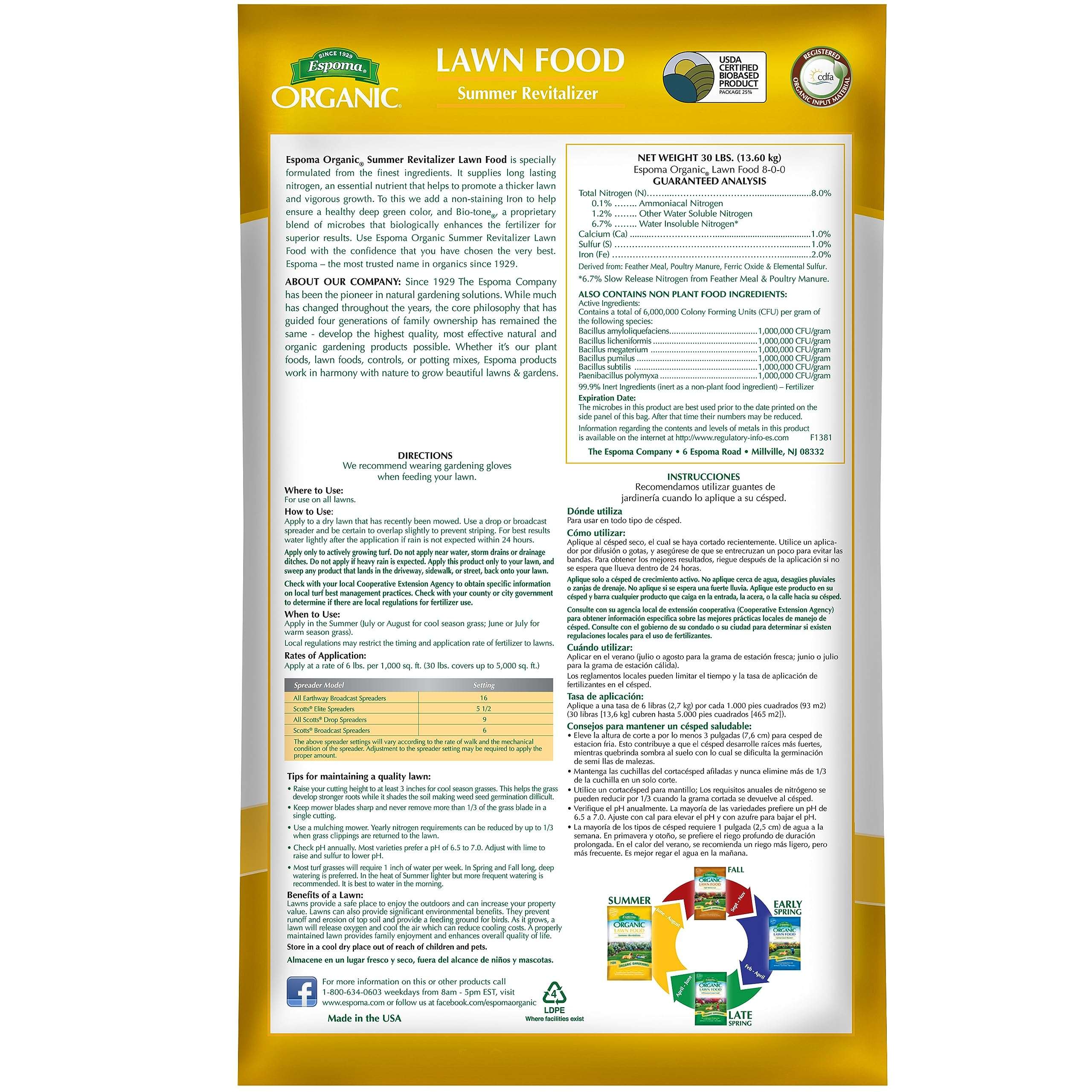 Espoma Organic Lawn Food Summer Revitalizer 8-0-0 Natural & Organic Fertilizer for All Lawns; Provides Iron & Long Lasting Organic Nitrogen for a Greener Lawn. 30 lb. Bag Covers up to 5,000 Sq. Ft. 3