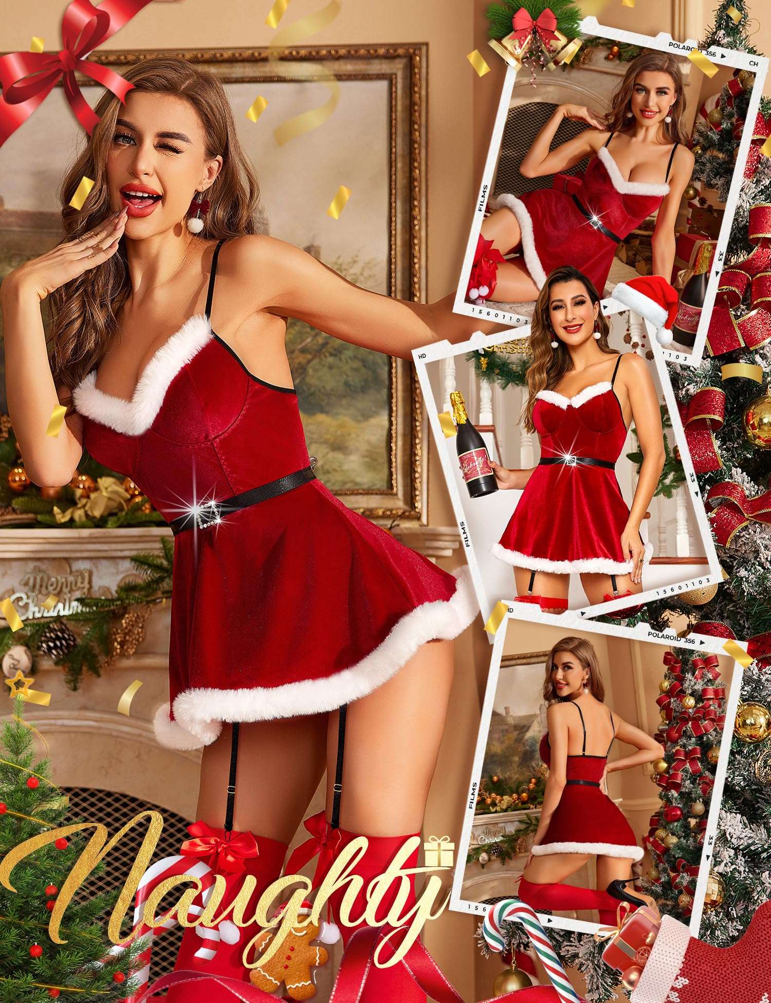 RSLOVE Sexy Christmas Lingerie For Women Santa Babydoll Chemise Red Costume with 4PCS Garters Belt Red M 5