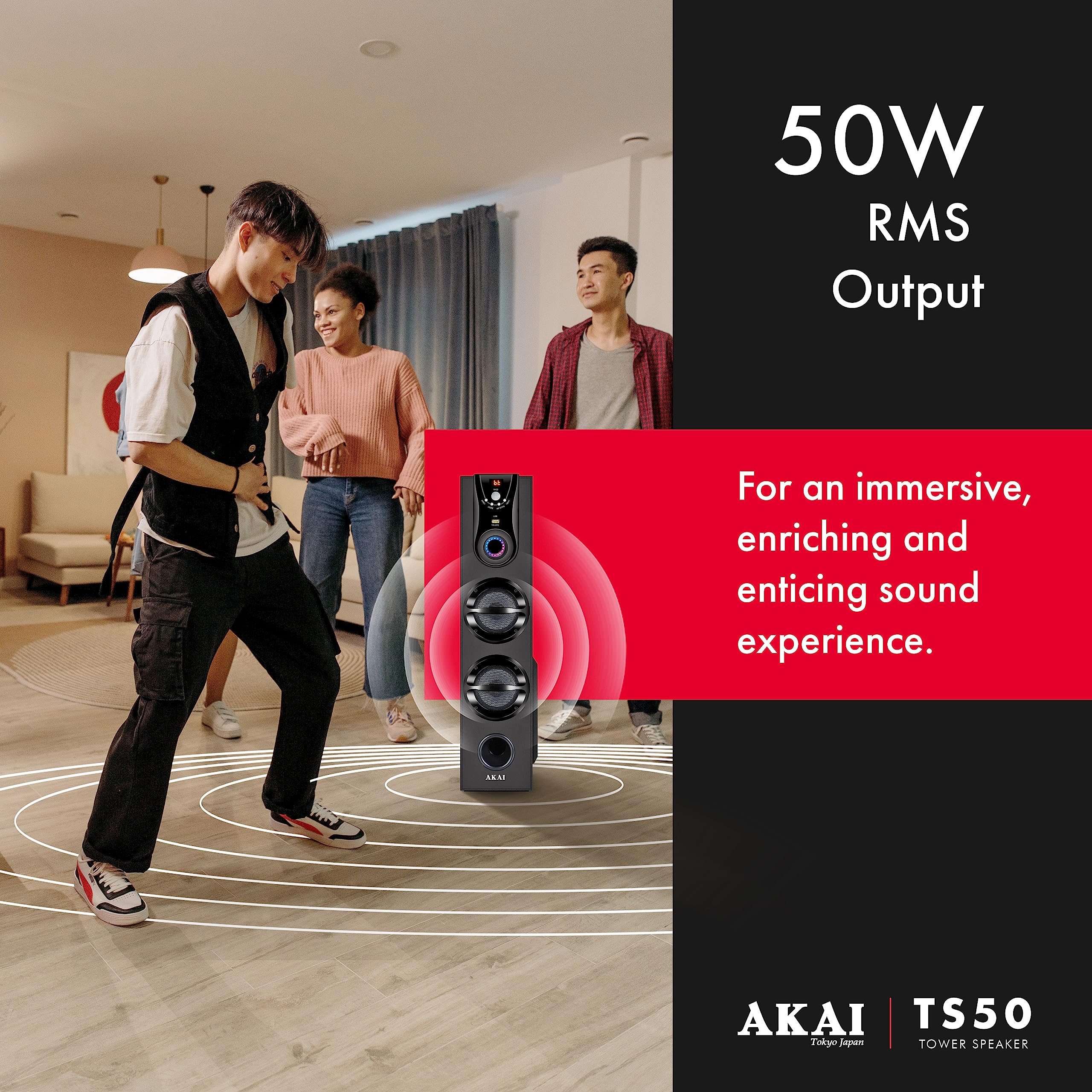 AKAI Bluetooth Tower Speaker Music System for Home TS 50 - Wooden Cabinet Subwoofer Echo Sound - 50W Home Theater - Remote Controlled Display - Support FM, Karaoke,AUX, USB 3