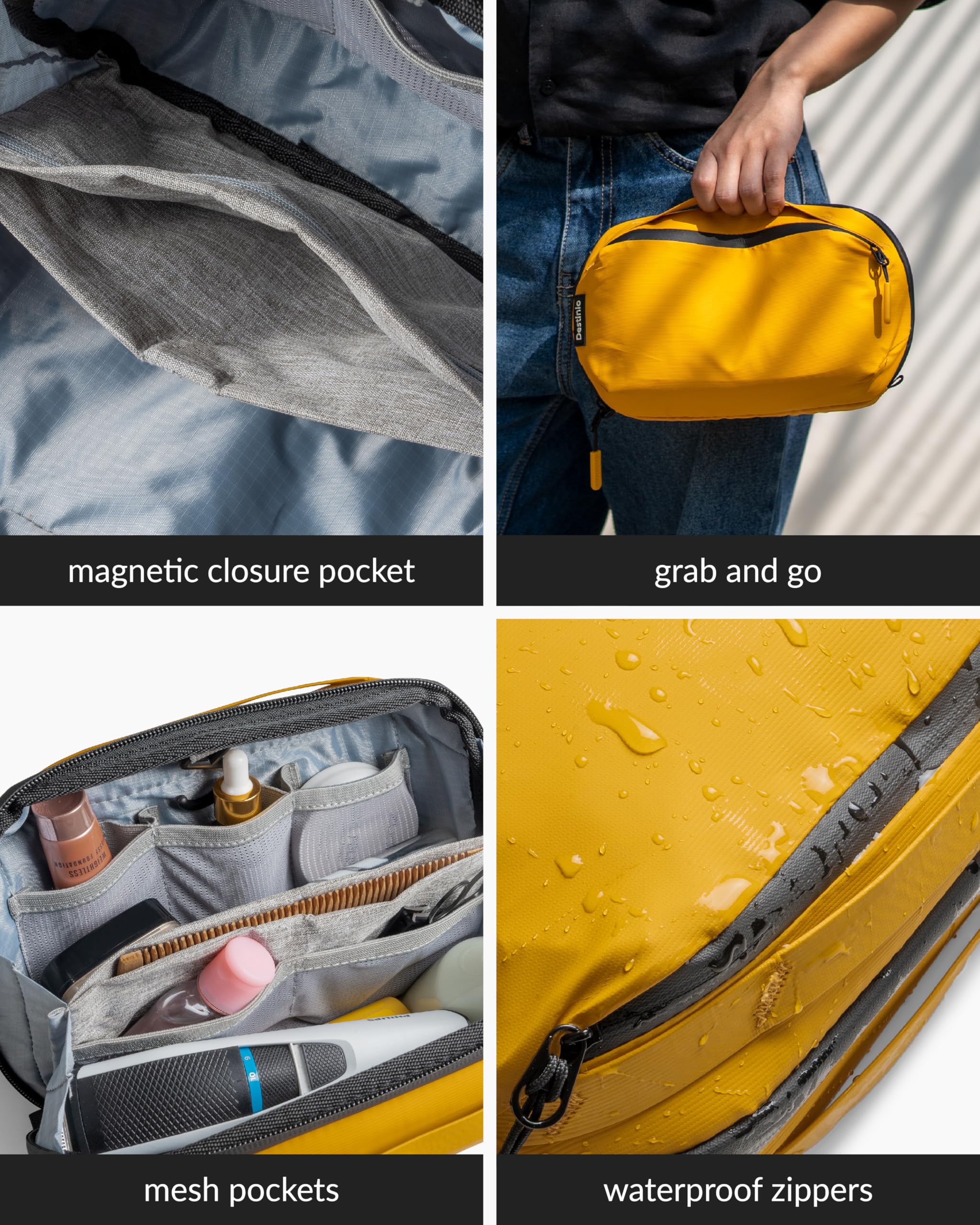 Destinio Toiletry Bag for Men and Women - Waterproof Organizer with Hanging Hook - Travel Pouch and Shaving Kit Bag for Men, Cosmetic and Make up Pouches for Women (Yellow) 5