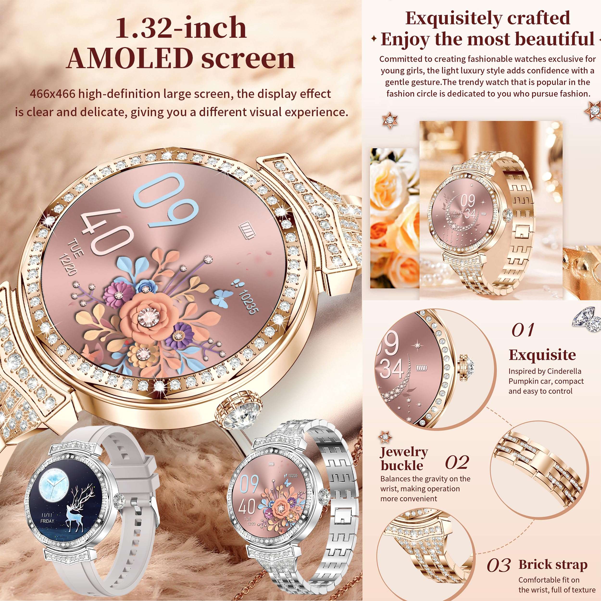 1.32" AMOLED Smart Watch for Women(Make/Answer Call), 2024 New 5ATM Waterproof Womens Smartwatches, Fitness Tracker Smartwatch for Android iPhones, Digital Watches Step Counter, 3 Straps (Silver) 4