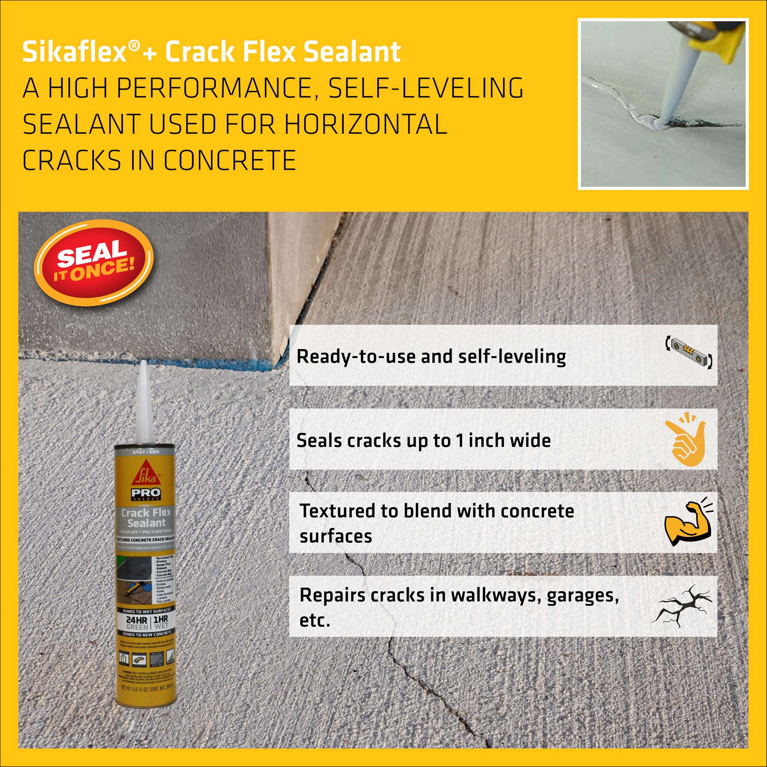 SIKA Sikaflex Crack Flex Sealant, Gray, High-Performance Textured Polyurethane, Self-Leveling, Waterproof Sealant for Horizontal Cracks Up to 1 in Wide, 10.1 fl oz, 3