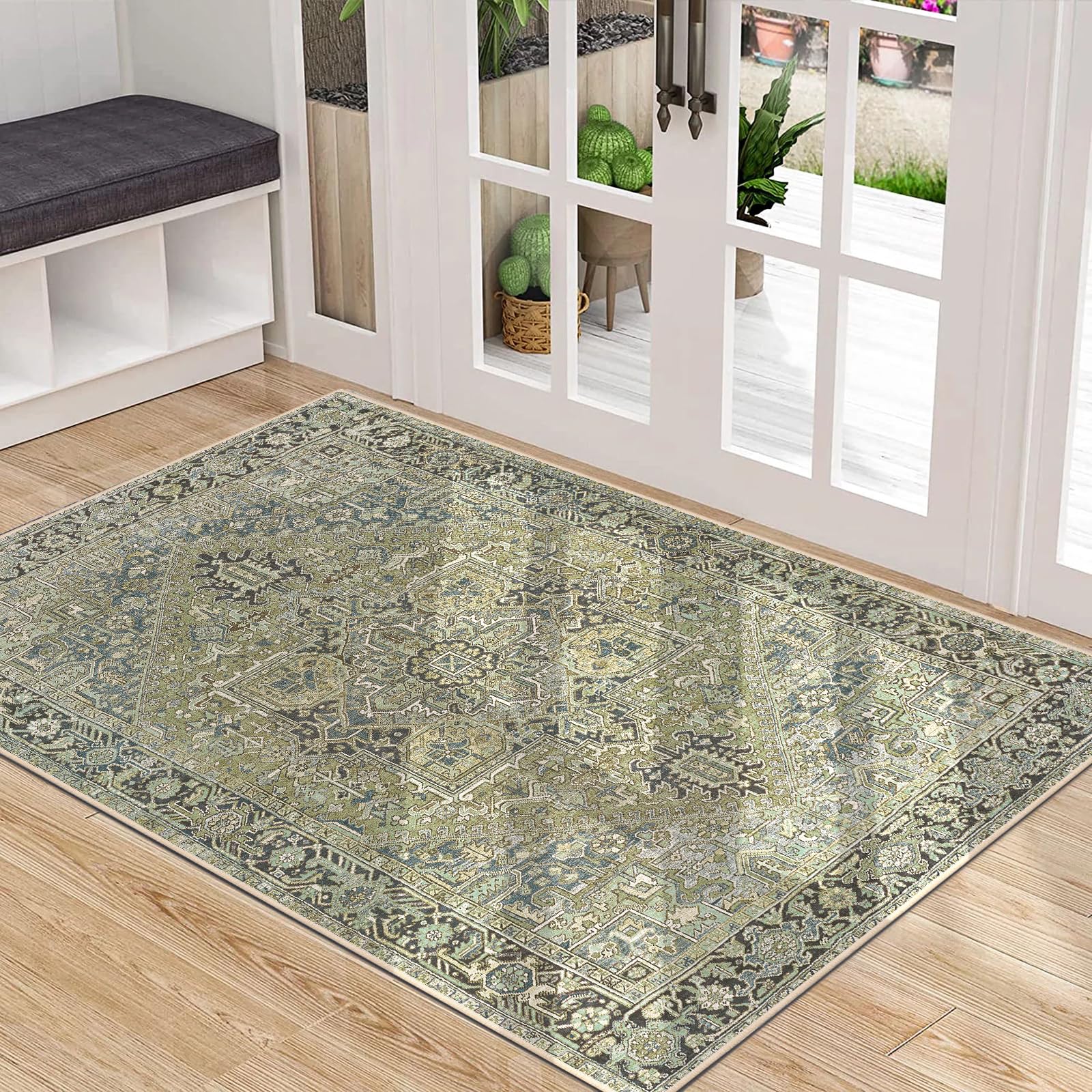 Worxvell Washable Rugs 3x5 - Non-Slip Entryway Rugs for Bedroom, Distressed Entry Throw Rug Indoor Front Door Mat Vintage Accent Area Rug Low Pile Carpet for Entrance Living Room Kitchen 2