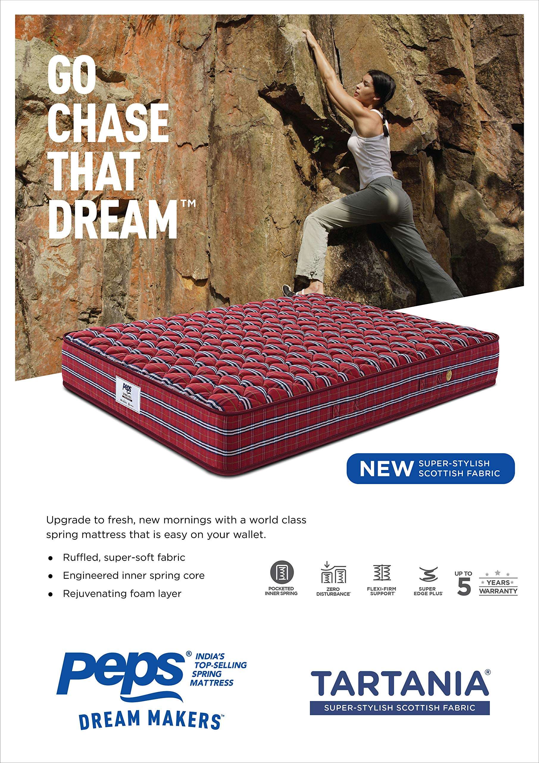 peps Tartania 8-Inch Woven Fabric Top Single Size Pocketed Spring Mattress (Maroon84X42X08) with 1 Free Pillow 4