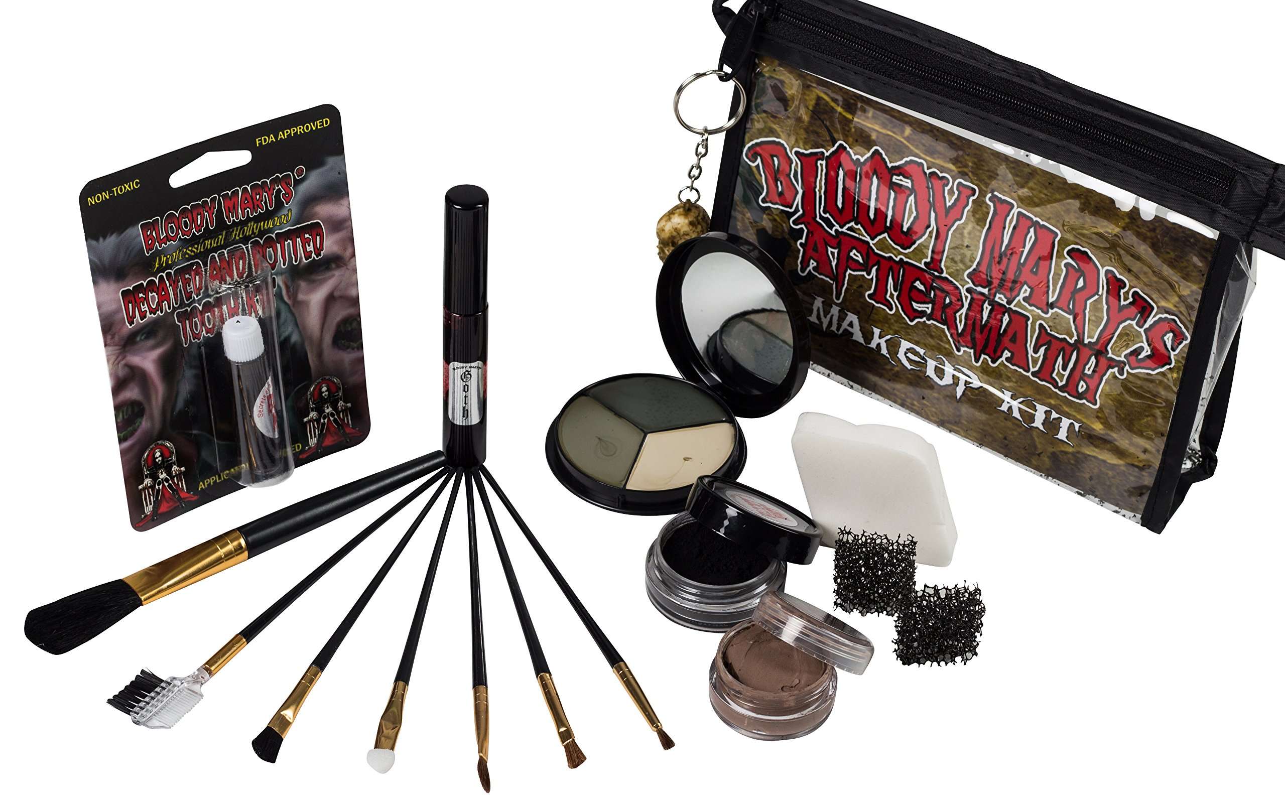 The Aftermath Zombie Starter Makeup Kit By Bloody Mary - Professional Special Effects Supplies - Tri Color Foundation Wheel, Eyeshadow, Tooth Decay, Rotted Teeth, FX Blood, Eyeliner, Sponges, Brushes 1
