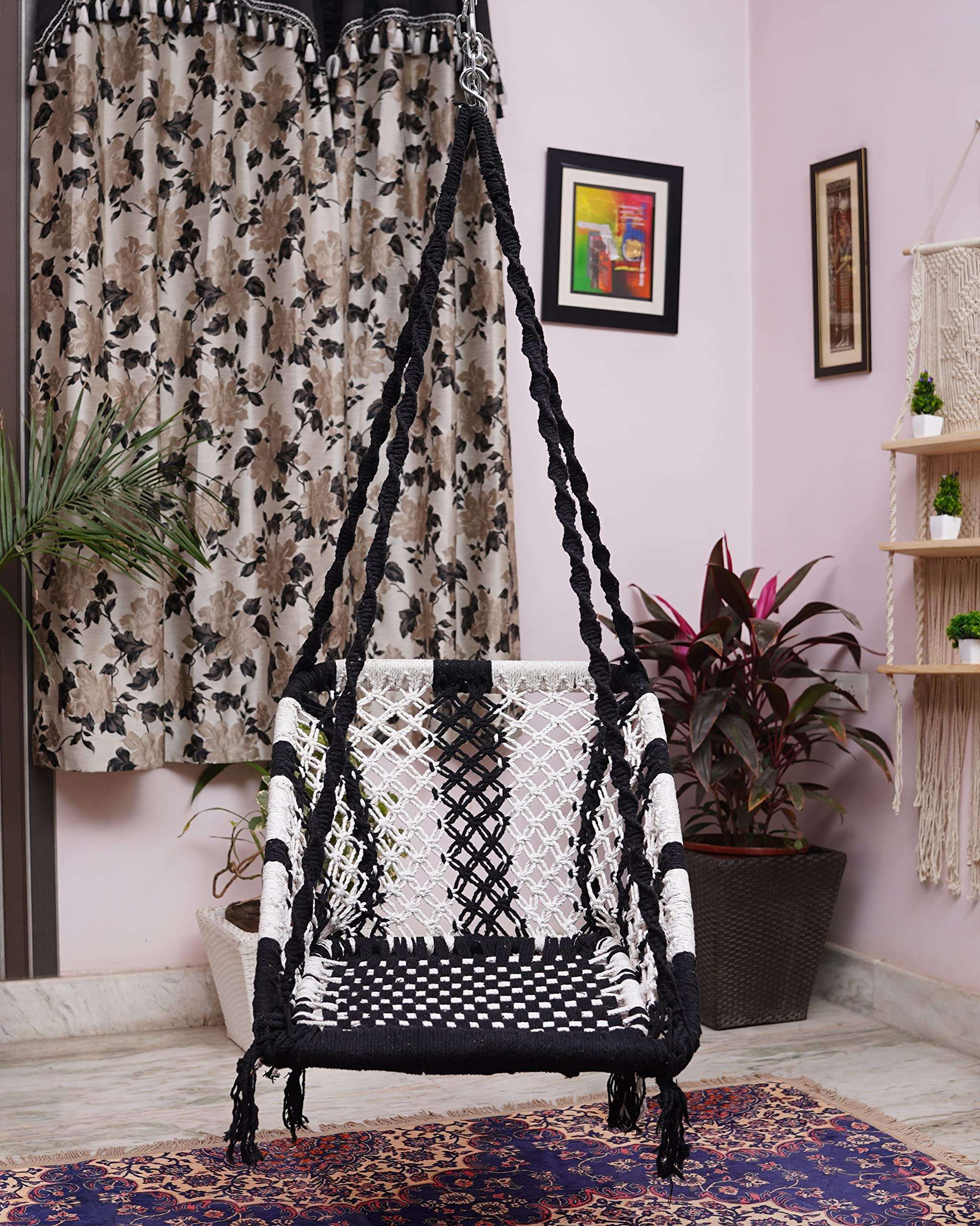 Swing for Adults/Jhula for Adults/Swing for Living Room, Swing for Balcony/Swing Chair/Swing for Adults for Home/Cotton Large Rectangle Hanging Swing with Hanging Kit (Black-White) by Patiofy 6