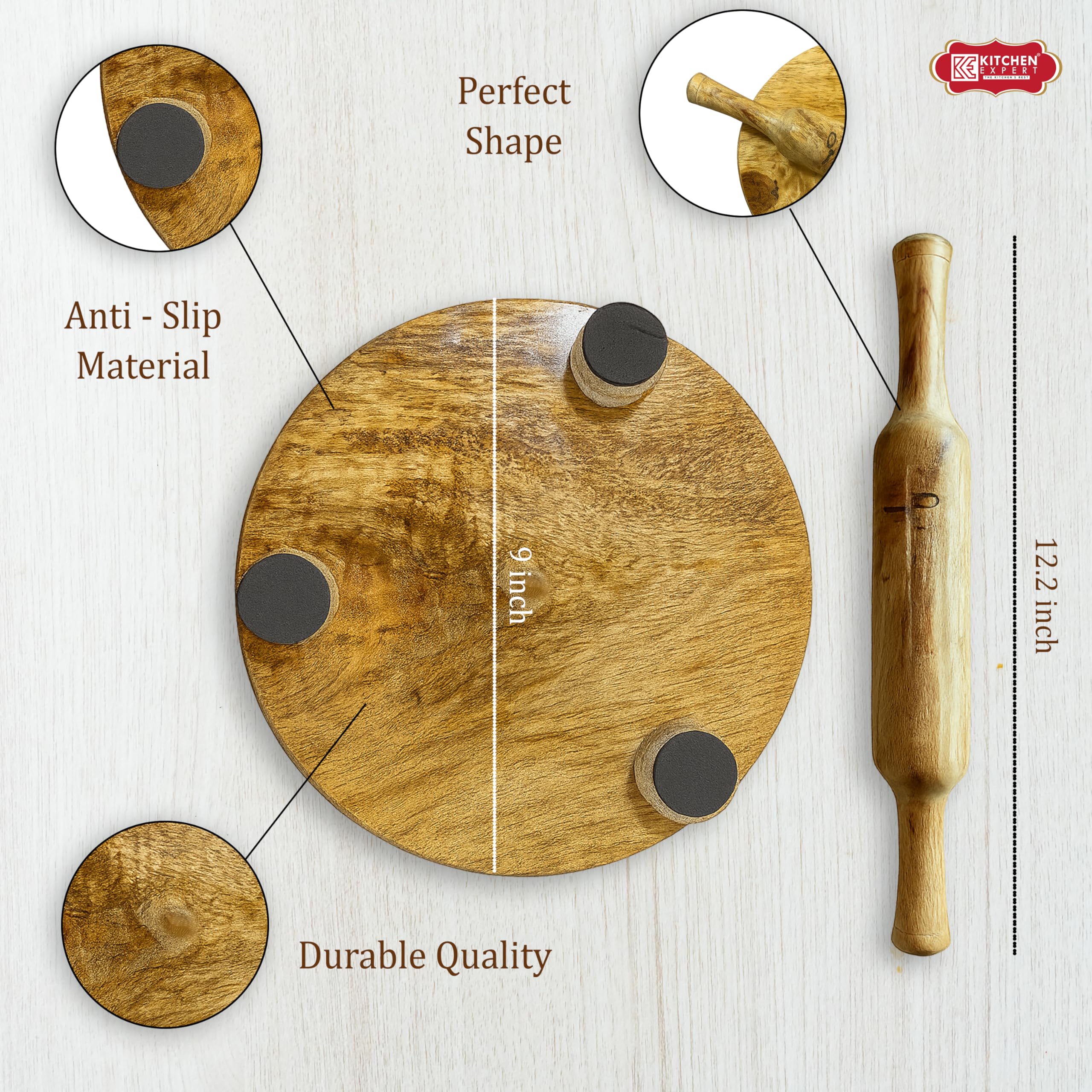 Kitchen Expert Chapati Board and Roller | Chakla Belan for Kitchen | Rolling Pin and Board | Wooden Chakla Belan Set | Chapati Roller 3