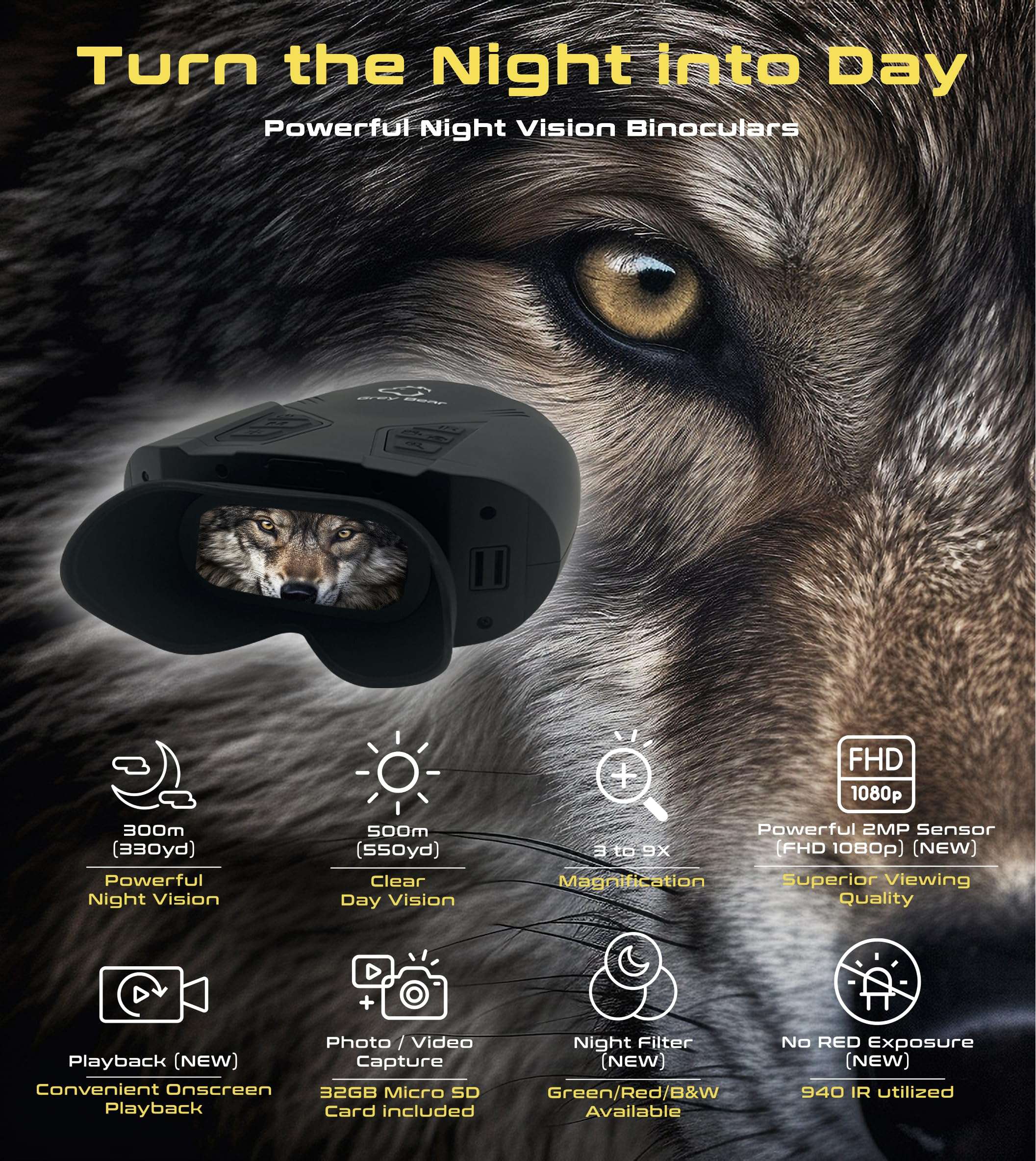 Grey Bear Night Vision Goggles PRO 2, 9X Magnification Infrared Binoculars for Adults, FHD 60FPS Video (REAL*) to Capture Fast Motion, No-Glare IR, 32GB - Hunting, Camping, Hiking, Security (NVB-200F) 2