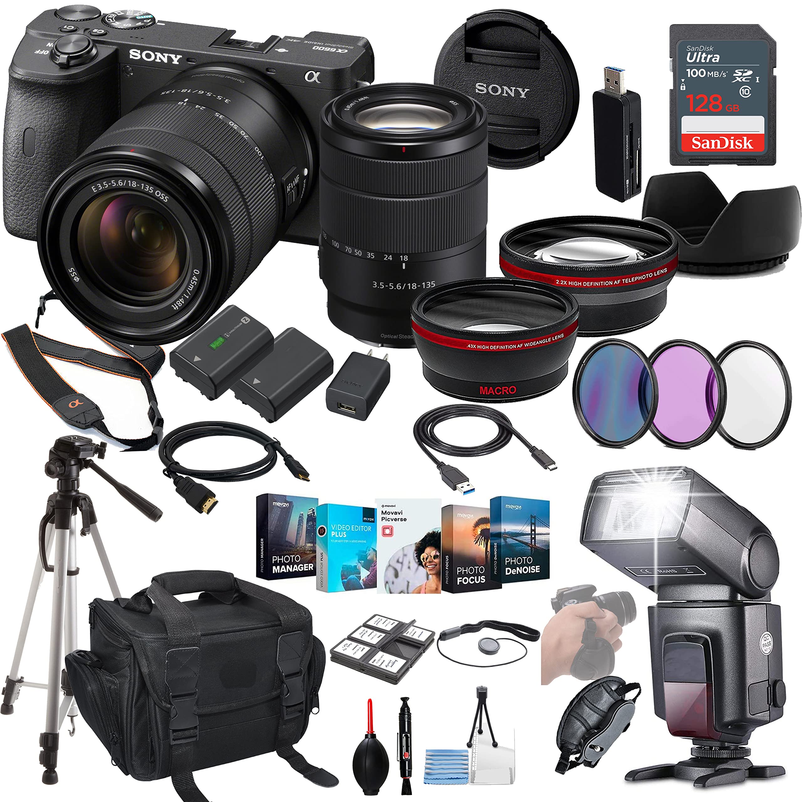 Sony a6600 Mirrorless Camera with 18-135mm Lens Bundle - ILCE6600M/B + Prime Accessory Package Including 128GB Memory, TTL Flash, Extra Battery, Editing Software Package, Auxiliary Lenses & More 1
