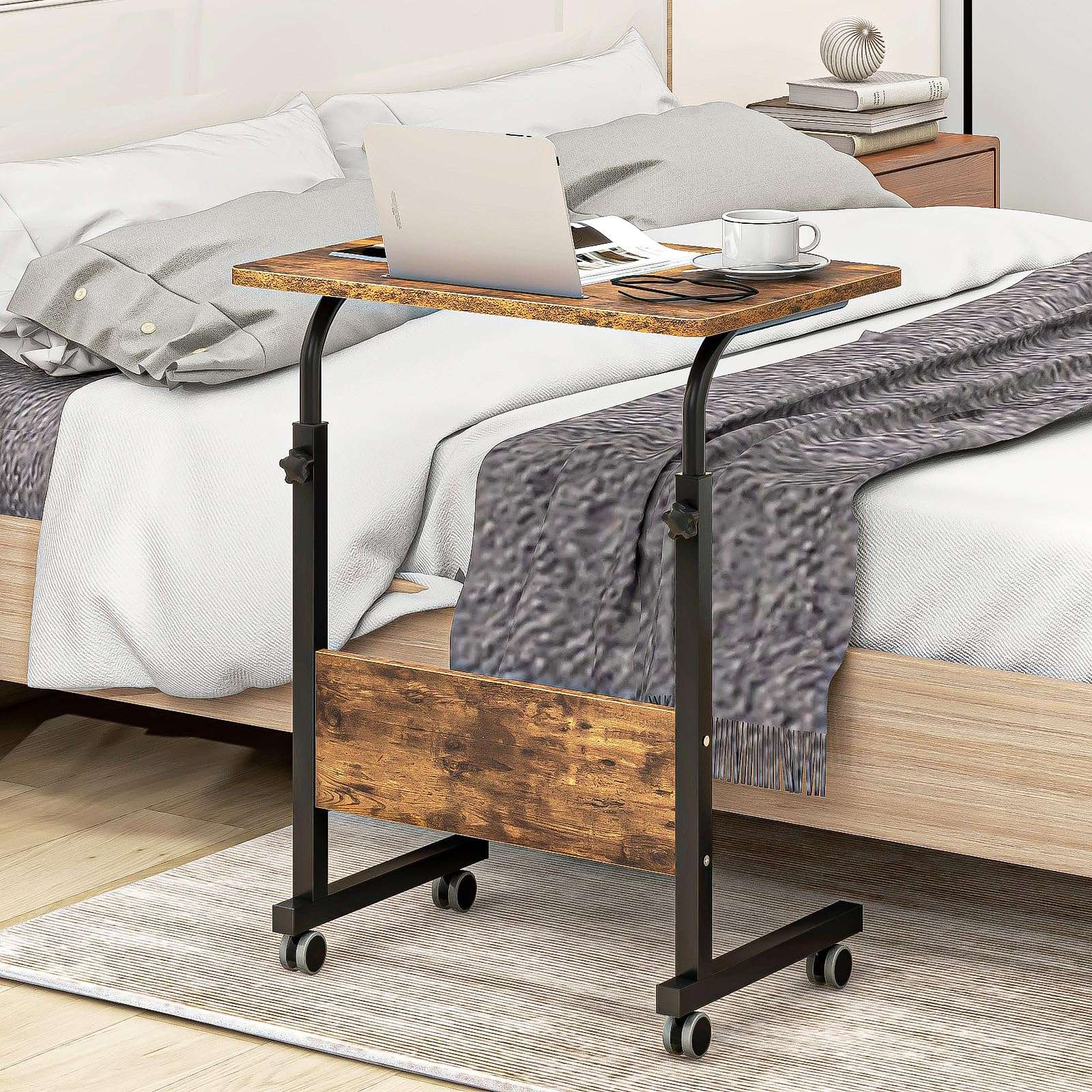 sogesfurniture Rolling Laptop Desk Cart Height Adjustable, 23.6 inch Adjustable Mobile Bed Table Portable Laptop Computer Stand Desks with Tablet Slot Cart Tray, Rustic Brown 3
