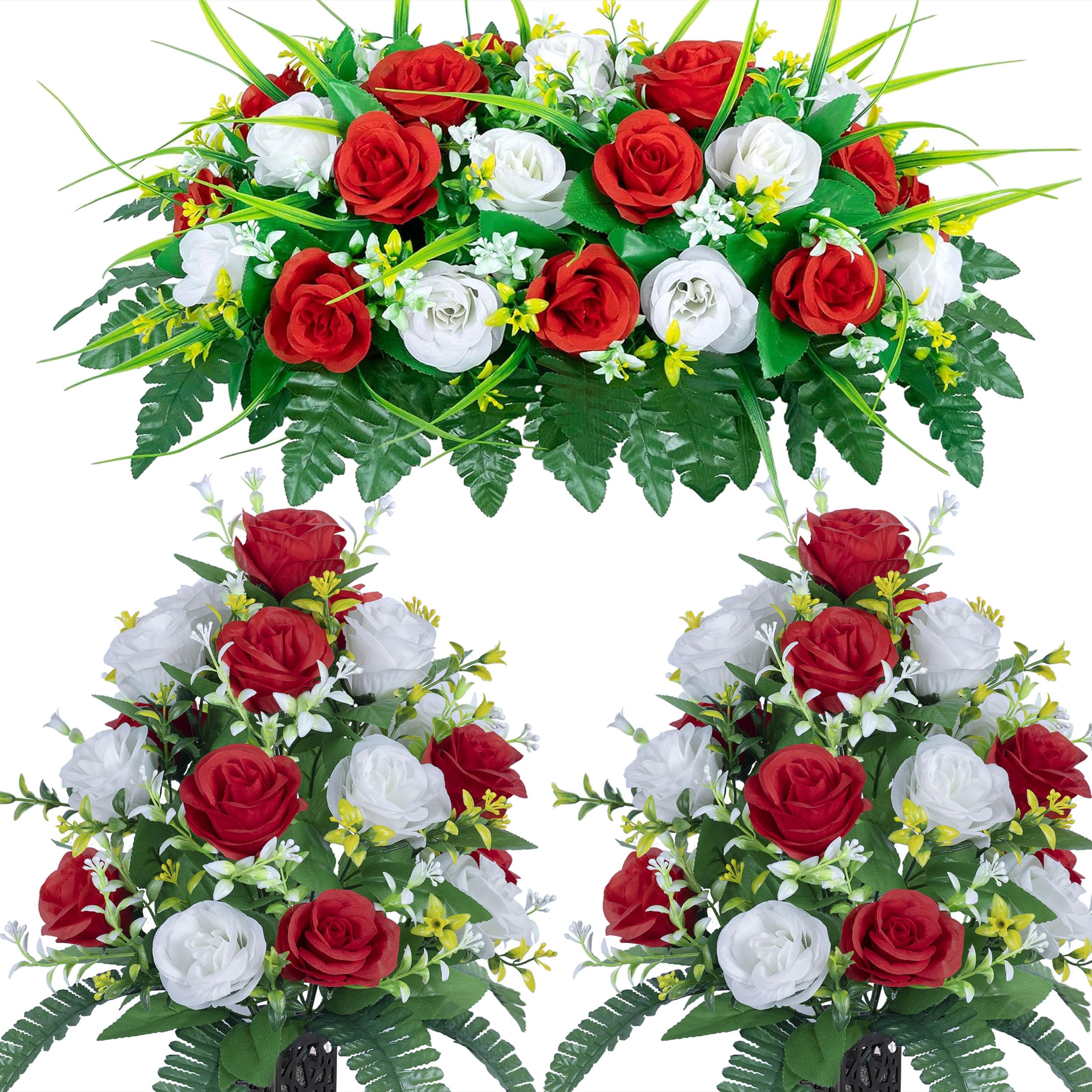 DONODA Cemetery Tombstone Red and White Saddle and 2 Sets of Artificial Cemetery Flowers Suit 1