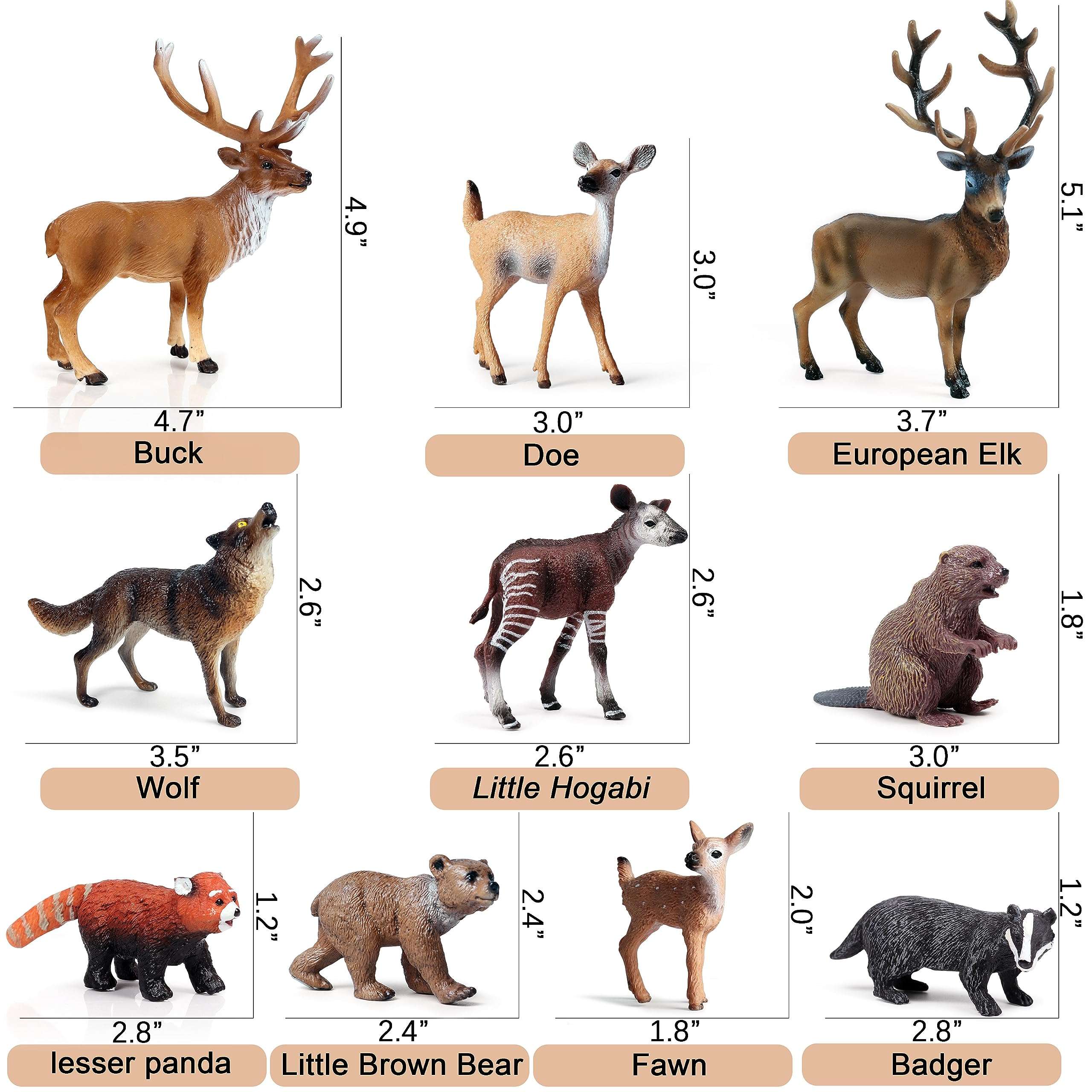 SCAHOW Forest Animal Toys Figures, 10PCS Plastic Woodland Animal Figurines for Cake Topper, Realistic Miniature Wild Creature Toys Set with Elk Deer Wolf Bear etc 3