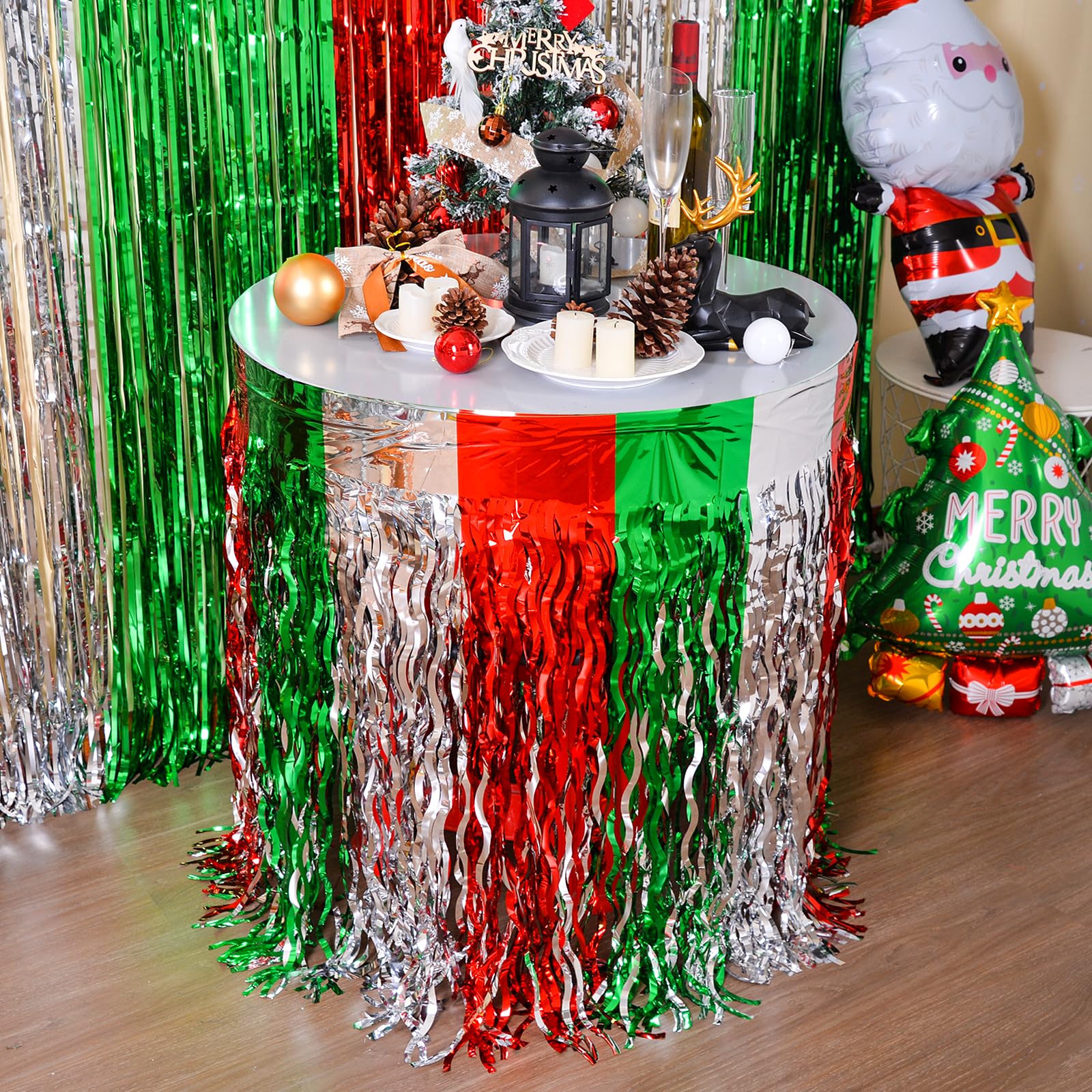 LOLStar Christmas Party Decorations, 2 Pack Red White and Green Wavy Metallic Tinsel Foil Fringe Table Skirt for Rectangle & Round Tables, Perfect Table Decorations for Christmas Ugly Sweater Party 5