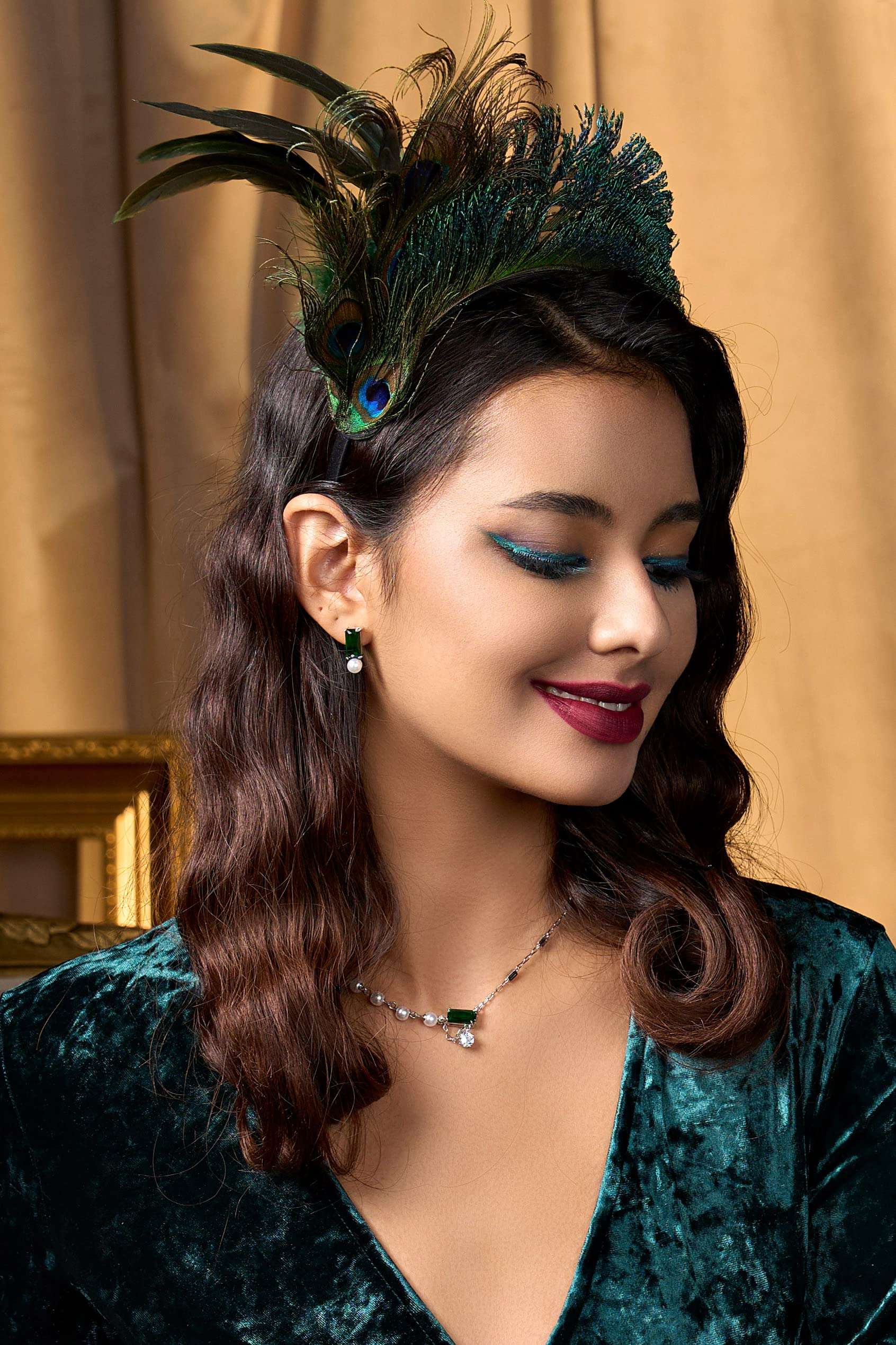 BABEYOND 1920s Fascinator Headband Kentucky Peacock Feather Headpiece for Derby Cocktail (Peacock Green) 3