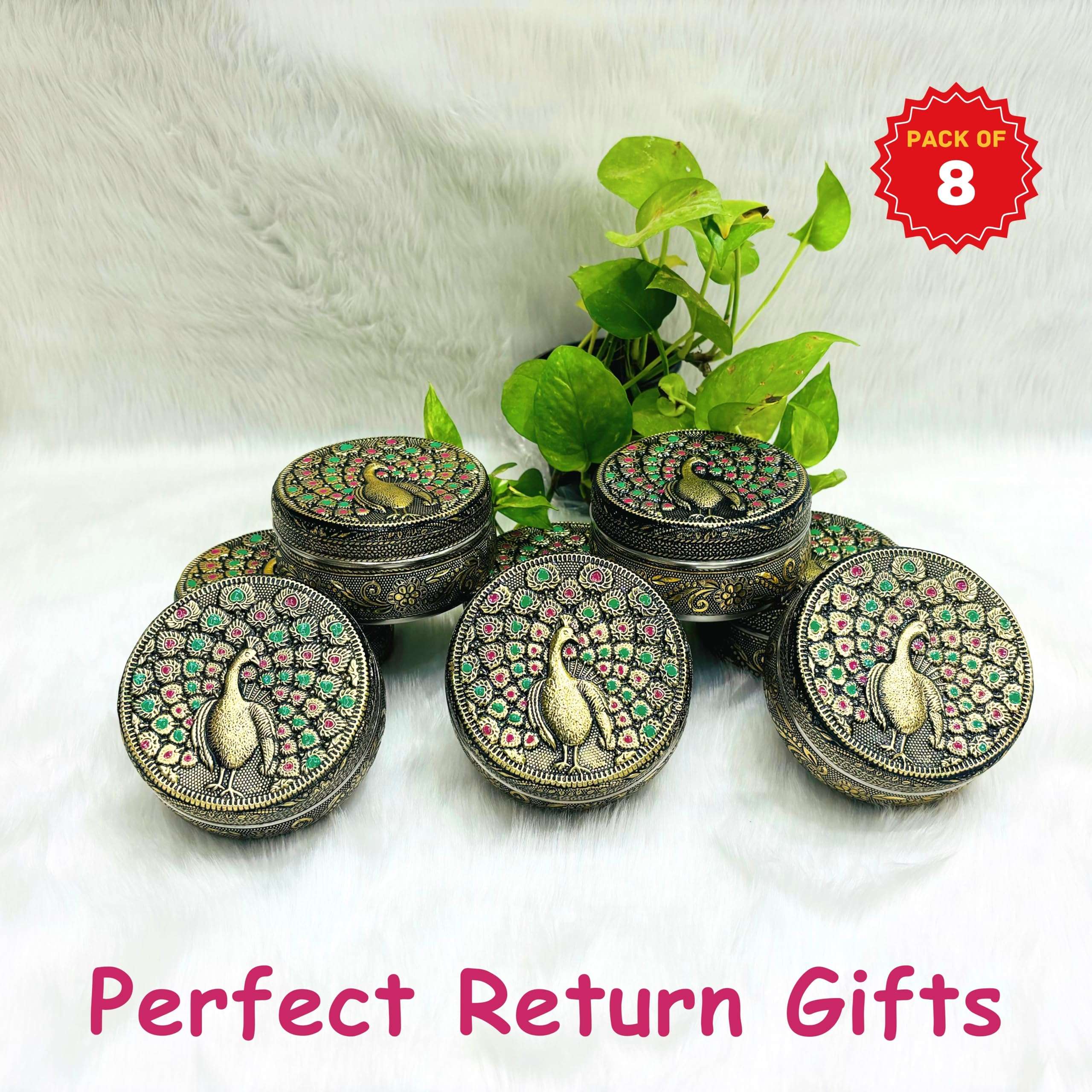 NAVRANG Stainless Steel Meenakari Container Box Chapati/Roti/Laddu/Puri Storage Box Return Gift Box, Poori Box Decorative Utensils Container (Pack of 8) 5