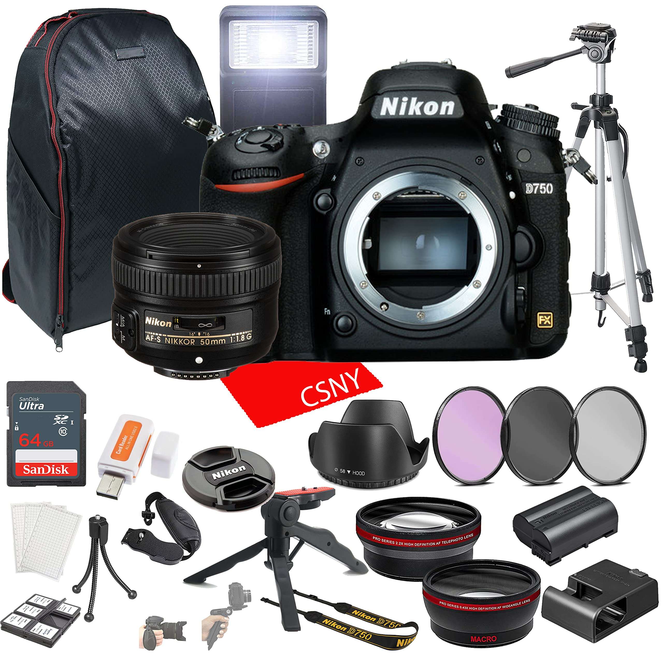 Nikon D750 DSLR Camera with 50mm F/1.8G Prime Lens + 64GB Memory + Back Pack Case + Tripod, Lenses, Filters, & More (28pc Bundle) 1
