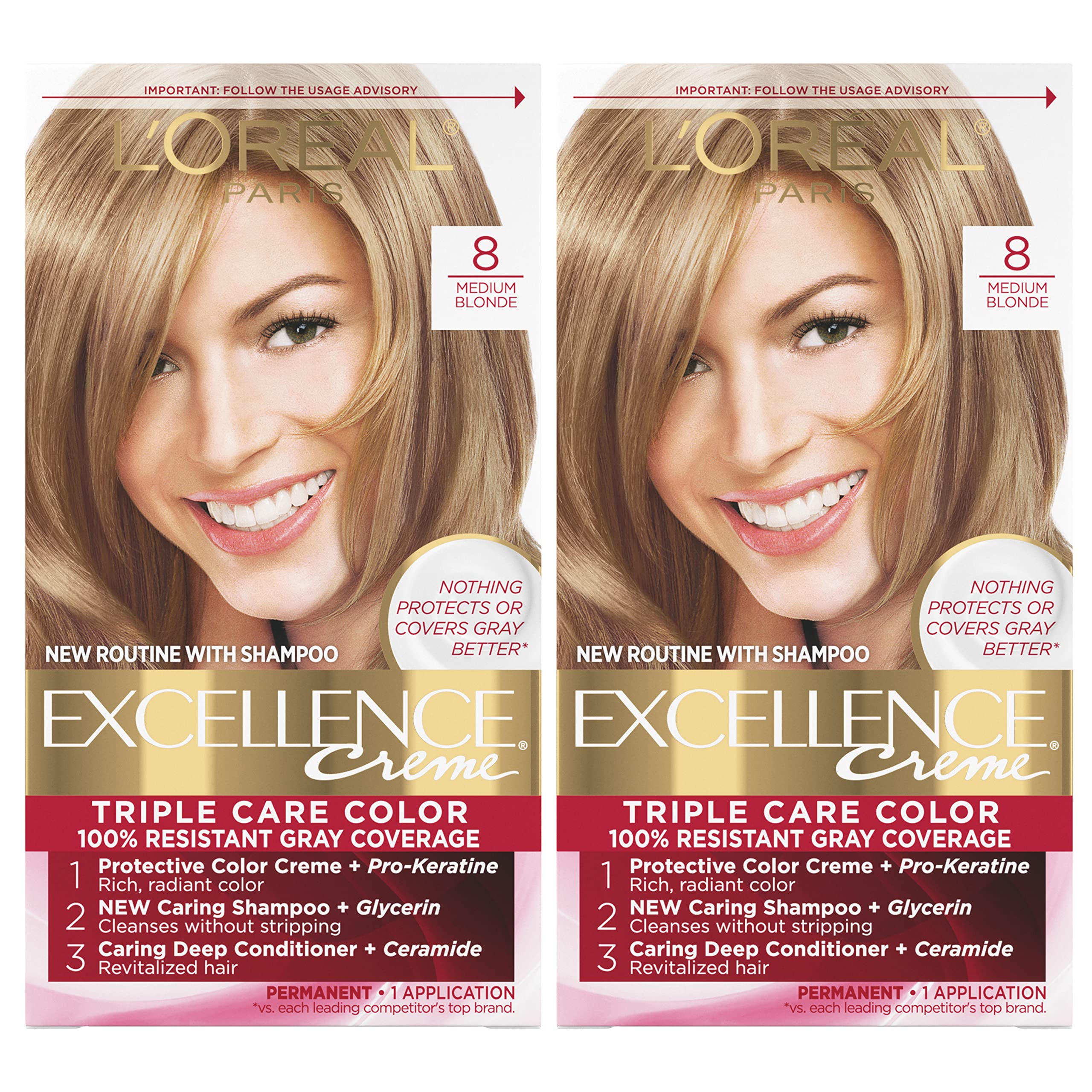 L'Oreal Paris Excellence Creme Permanent Hair Color, 8 Medium Blonde, 100 percent Gray Coverage Hair Dye, Pack of 2 1