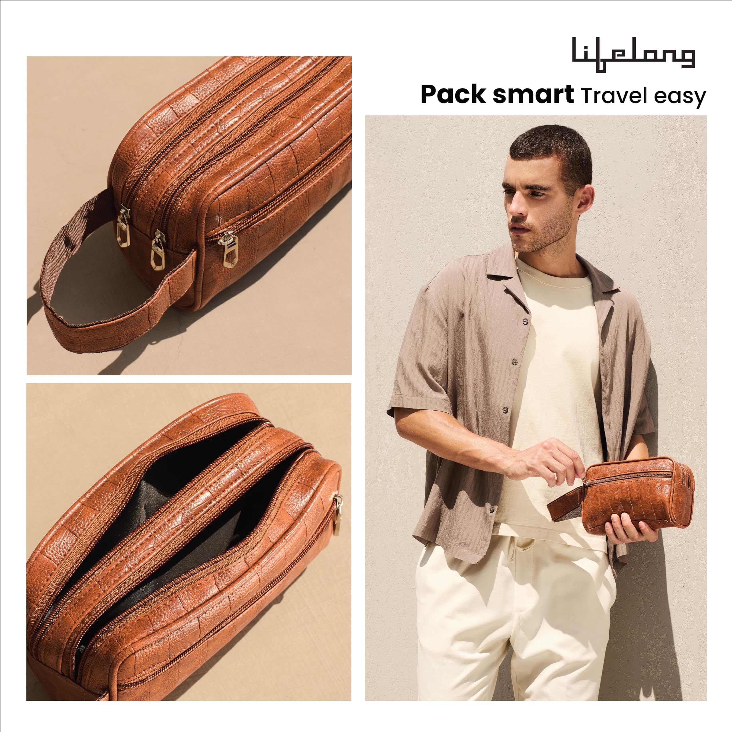 Lifelong Toiletry Bag for Men & Women | Vegan Leather Travel Pouch | Shaving Kit, Grooming & Makeup Organizer | Toiletry Bag for Travel, Gym, Daily Use, Cosmetics, Toiletries & Essentials (Tan) 6