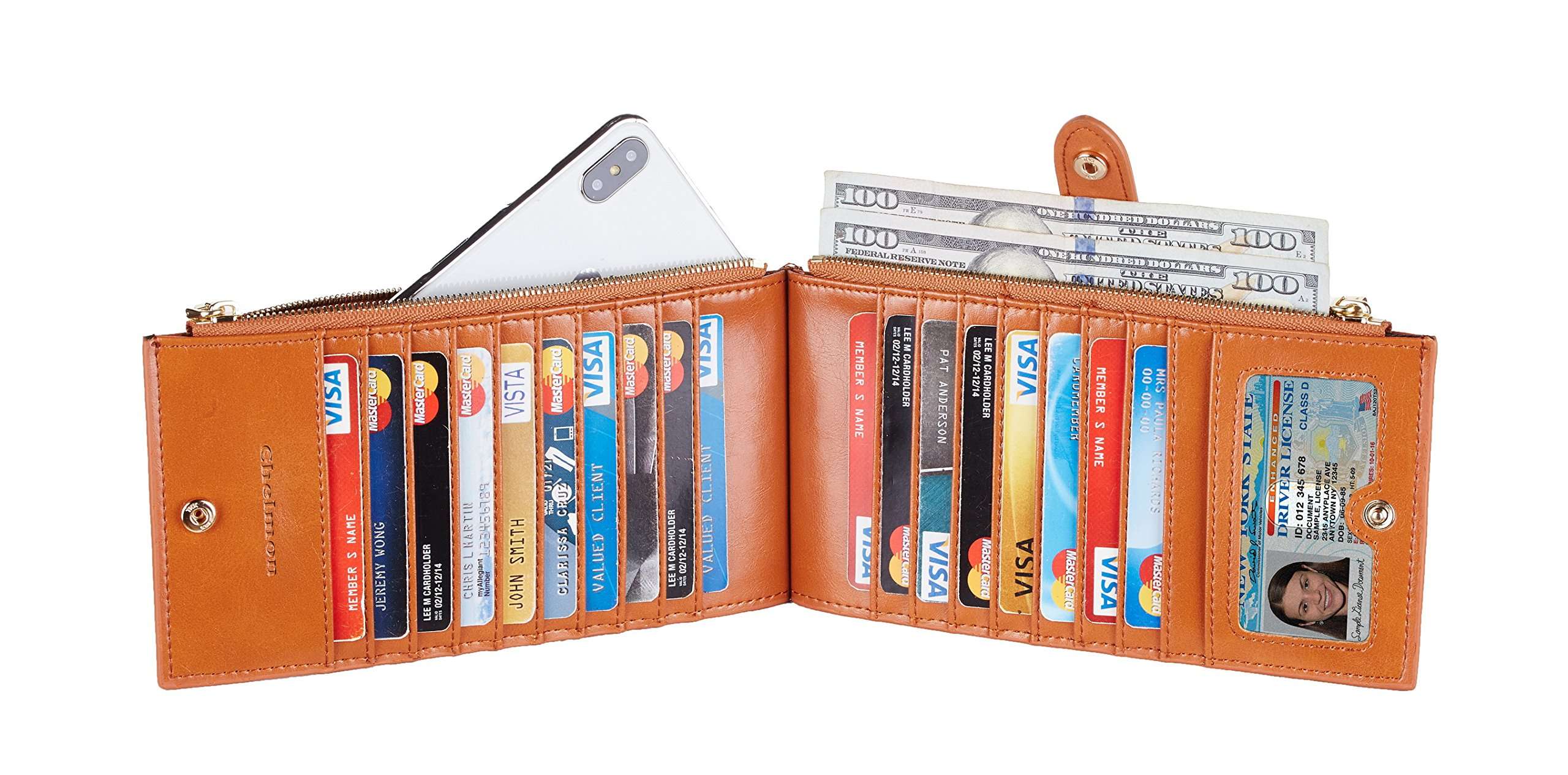 Chelmon Womens Genuine Leather Wallet RFID Blocking Credit Card Holder Zipper Purse(isabella brown) 4