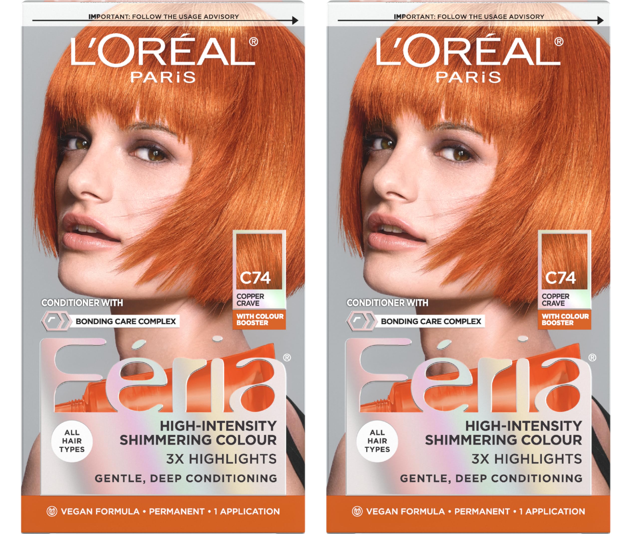 L'Oreal Paris Feria Multi-Faceted Shimmering Permanent Hair Color, C74 Intense Copper, Hair Dye Kit, Pack of 2 1