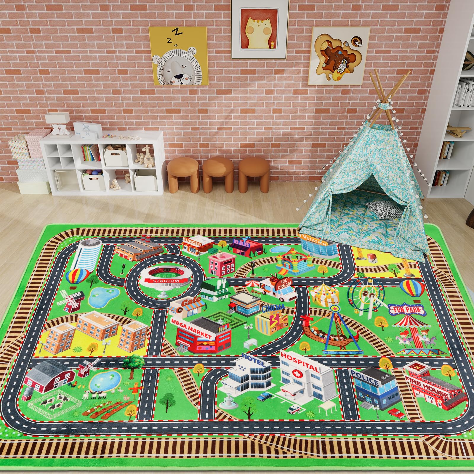Mfmiudole Kids Rug Play Mat for Toy Cars, City Life 3D Road Traffic 39.4"×59" for Playroom Kid Car Road Rug City Map Play Mat Non-Slip Washable Classroom Carpet for Toddlers BoyTummy Time Playtime 1
