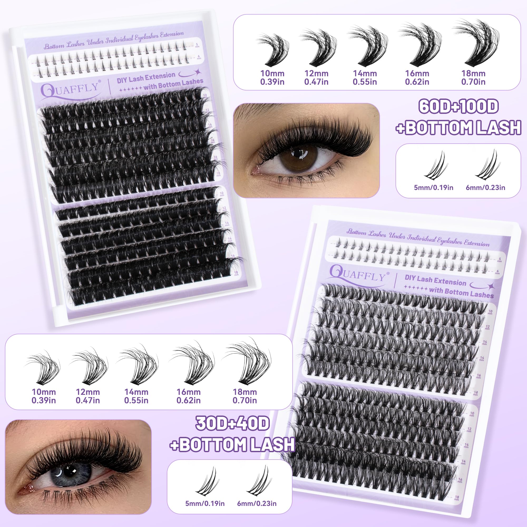 QUAFFLY DIY Eyelash Extension Kit 1042pcs Mixed 5-18mm Eyelash Extension Kit with Bottom Lashes Multi-Type Lash Clusters with Bond and Seal*2 Remover Tweezer Brush and Mascara Shield DIY At Home 4