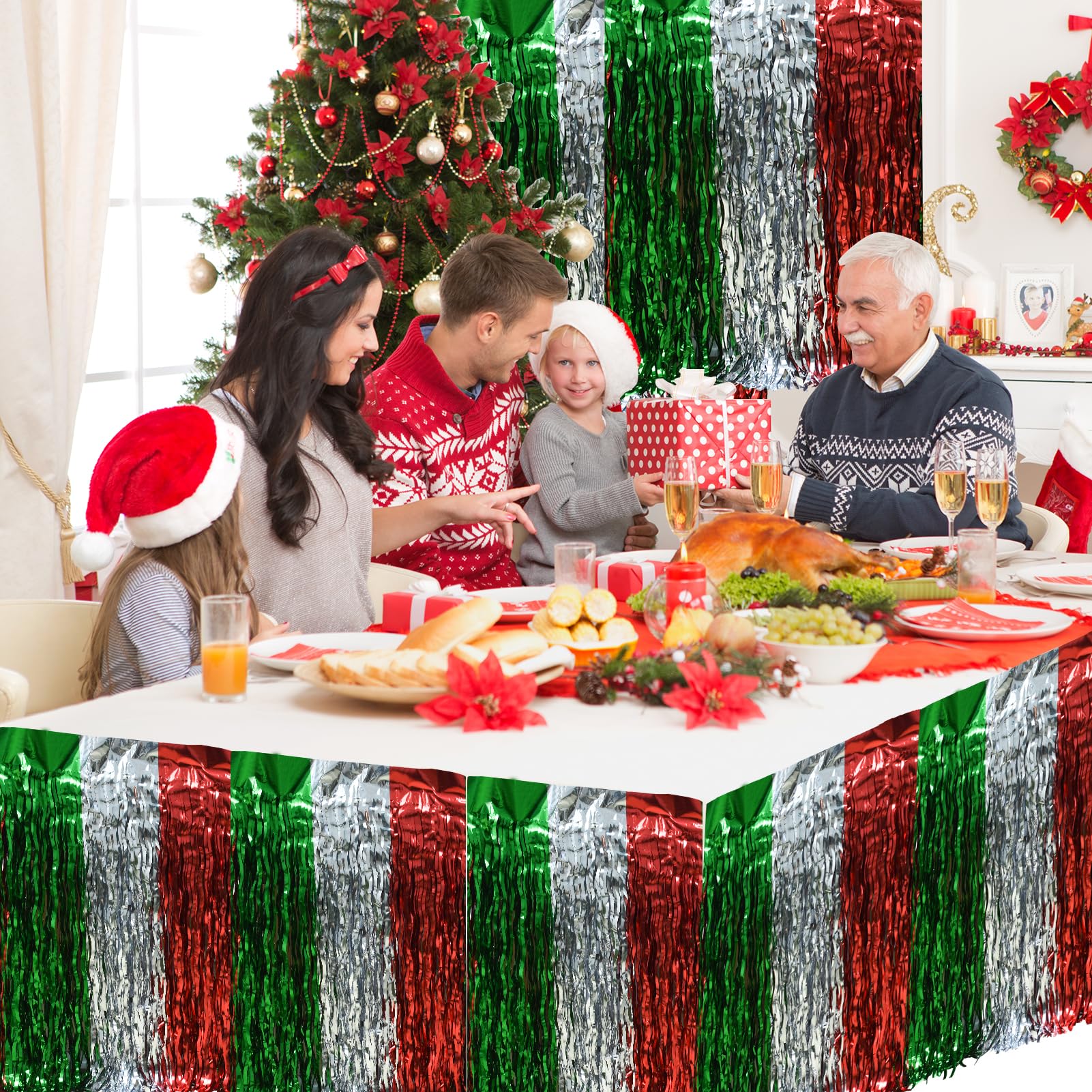 4PCS Christmas Table Skirt, Wavy Metallic Tinsel Foil Fringe Table Skirt Red White and Green Shiny Table Skirt Disposable Xmas Table Skirt Christmas Party Supplies Table Decorations 30 X 108 Inch 6