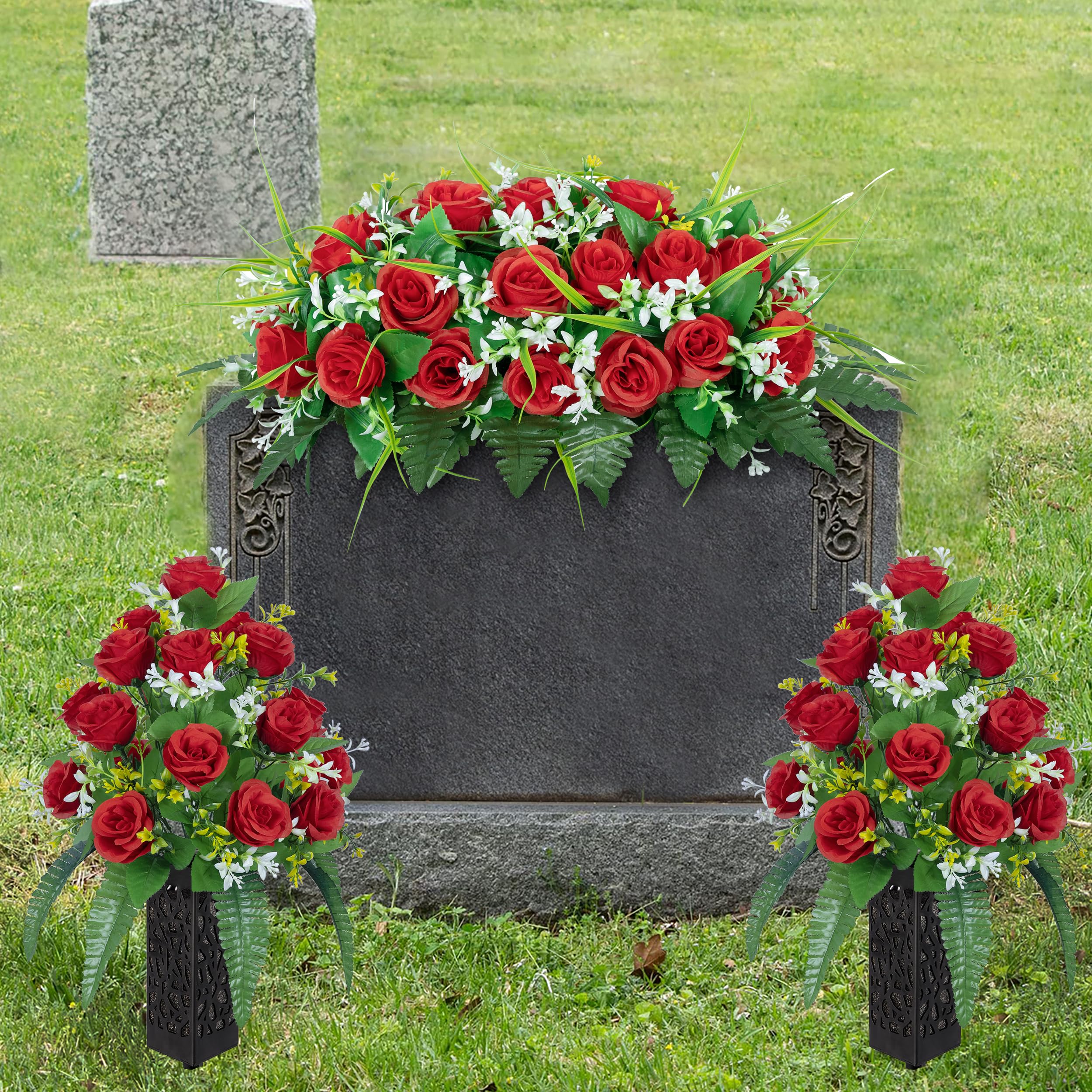 DONODA Cemetery Tombstone red Saddle and 2 Sets of Artificial Cemetery Flowers Suit 4