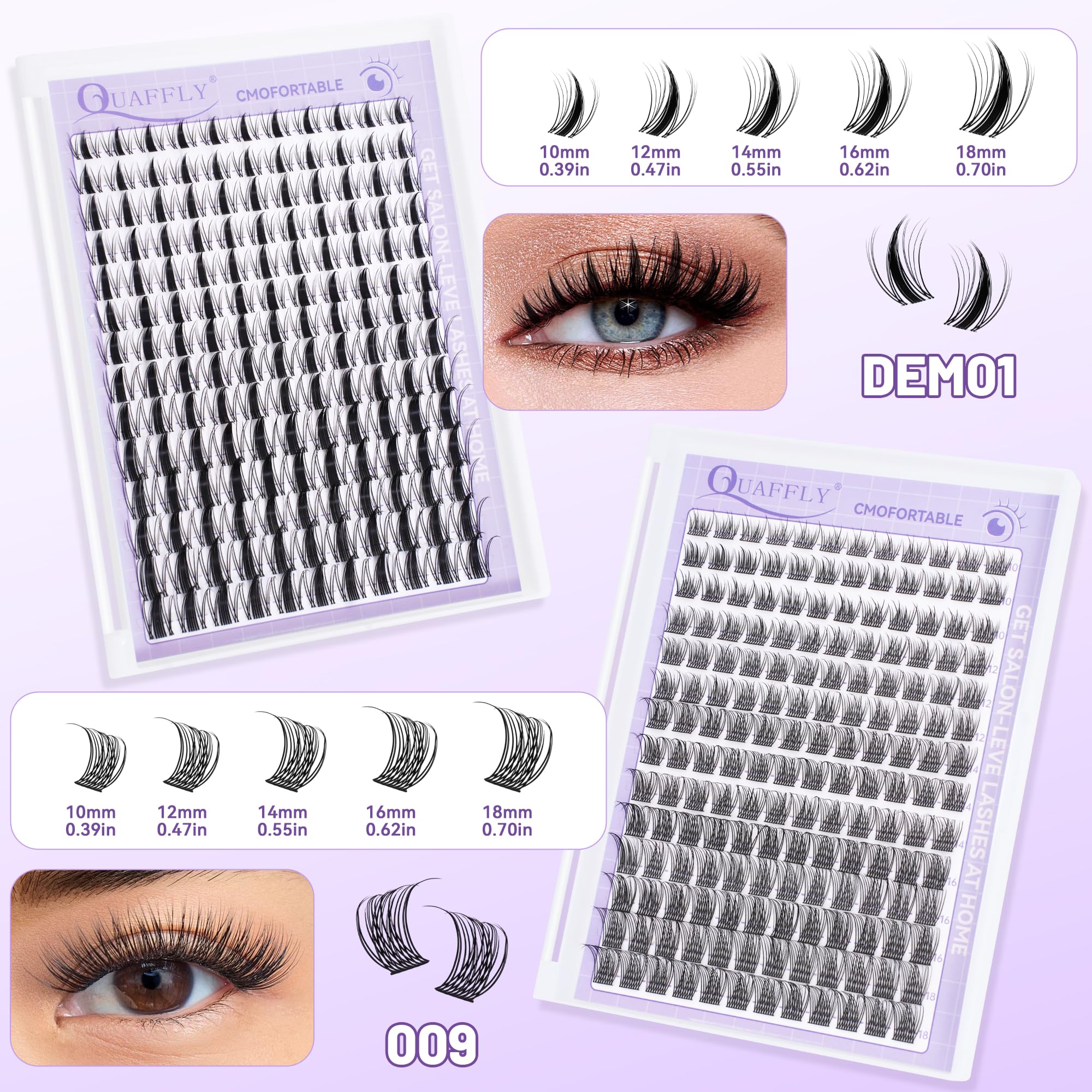 QUAFFLY DIY Eyelash Extension Kit 1042pcs Mixed 5-18mm Eyelash Extension Kit with Bottom Lashes Multi-Type Lash Clusters with Bond and Seal*2 Remover Tweezer Brush and Mascara Shield DIY At Home 6