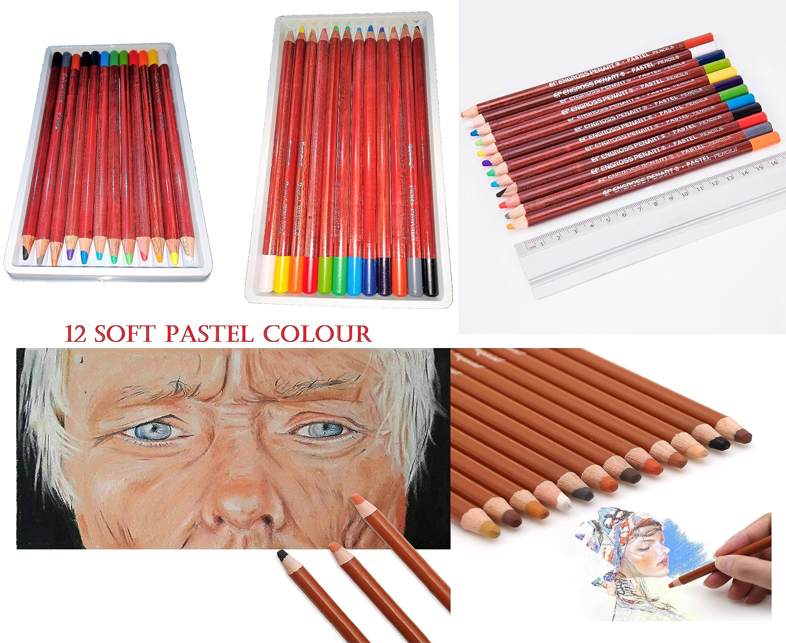 ChiggiWiggi 12 Pcs Professional Art Soft Pastel Pencils Colors Set For Artist Drawing Coloring, 3 Pcs White Medium Charcoal Pencil and 3 Pcs Black Woodless Charcoal Pencils- Soft Medium & Hard 6